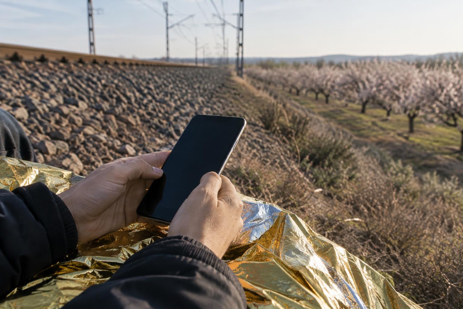 Primer plano de un teléfono móvil sostenido entre dos manos junto a una manta térmica, en un terraplén ferroviario con un campo de almendros al fondo, sin rostros ni heridas visibles.