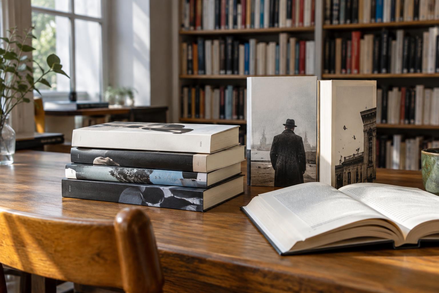 Interior de una biblioteca literaria, con varias novelas de Enrique Vila-Matas dispuestas sobre una mesa de madera junto a un libro abierto, estanterías al fondo y luz natural lateral, sin personas.