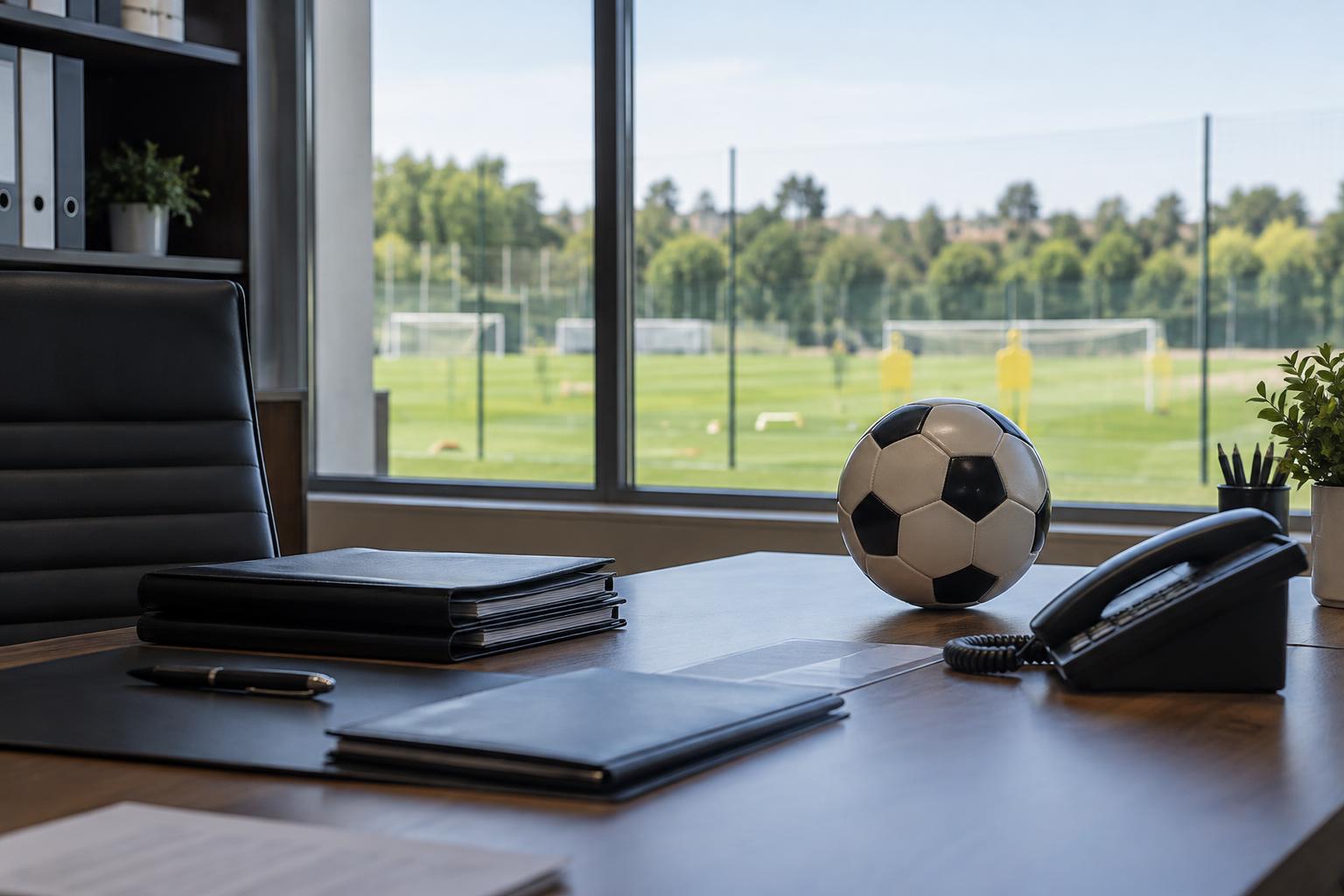 Interior de una oficina de gestión deportiva vacía, con un teléfono, carpetas de contratos cerradas y un balón de fútbol junto a una ventana desde la que se ve un campo de entrenamiento, sin escudos ni personas reconocibles.