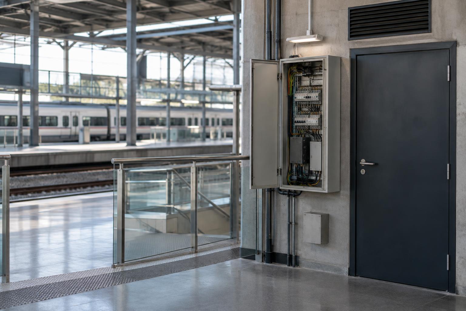 Interior de una estación ferroviaria española, con vías visibles al fondo y un panel de mantenimiento junto a una puerta técnica, sin viajeros ni personas reconocibles.