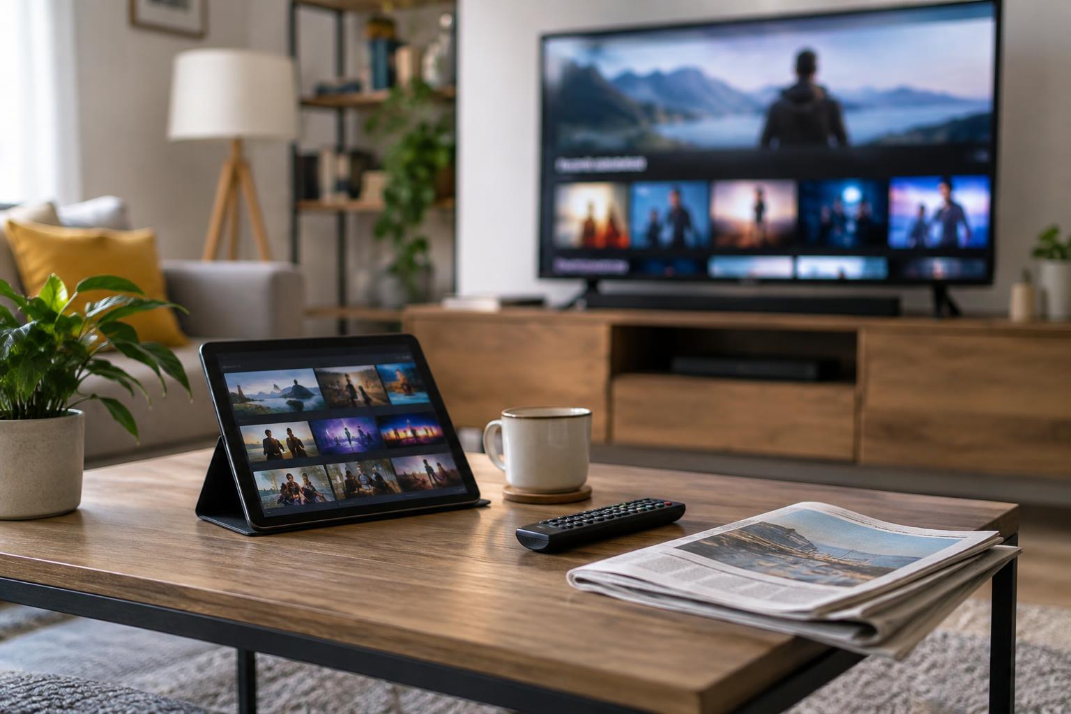 Salón doméstico contemporáneo con un televisor encendido y una tableta sobre una mesa de centro, ambos mostrando interfaces genéricas de contenidos audiovisuales, junto a un mando a distancia y un periódico, sin personas ni marcas reconocibles.