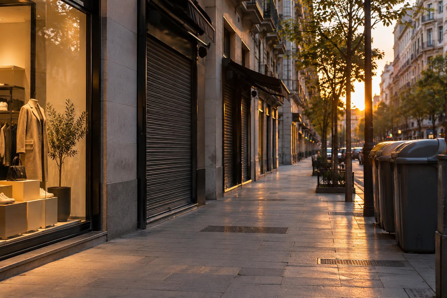 Calle comercial de Madrid al atardecer, con escaparates, persianas de comercios y contenedores en la acera, sin daños ni personas reconocibles.