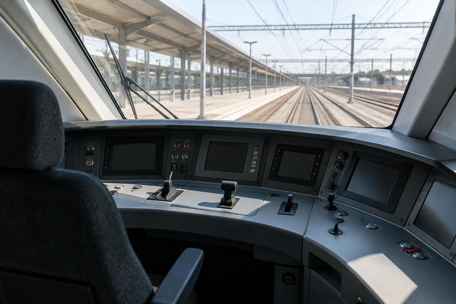 Cabina vacía de un tren de alta velocidad detenida en una estación, con los mandos en primer plano y las vías visibles a través del parabrisas, luz natural sobria, sin personas ni signos de accidente.