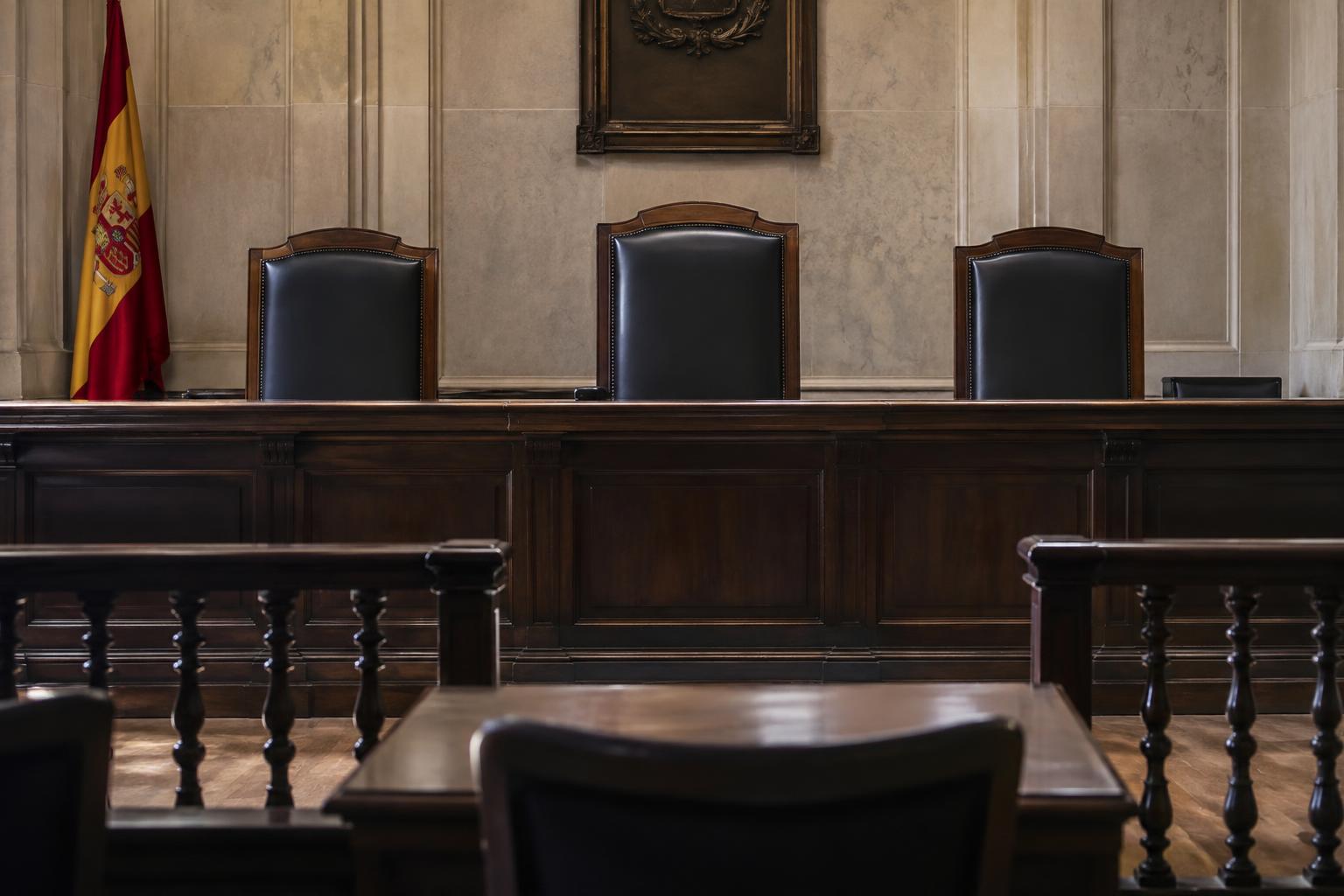 Fotografía documental realista de un estrado judicial vacío, con tres sillones de respaldo alto detrás de una mesa de madera oscura y un micrófono apagado en primer plano. Composición frontal ligeramente baja, luz natural lateral que destaca la separación entre el estrado y el espacio reservado a las partes, ambiente institucional sobrio, sin personas, texto visible ni logotipos.