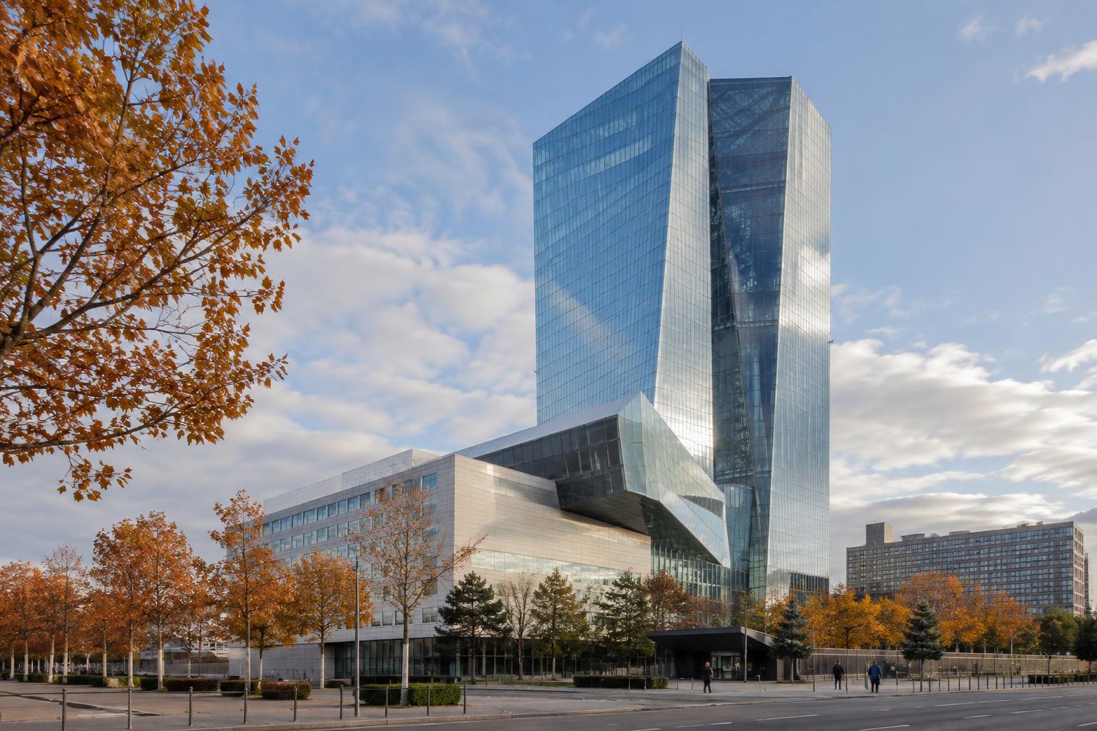 Vista realista de la sede del Banco Central Europeo en Fráncfort desde una calle próxima, con su fachada acristalada, cielo otoñal y transeúntes lejanos no reconocibles.