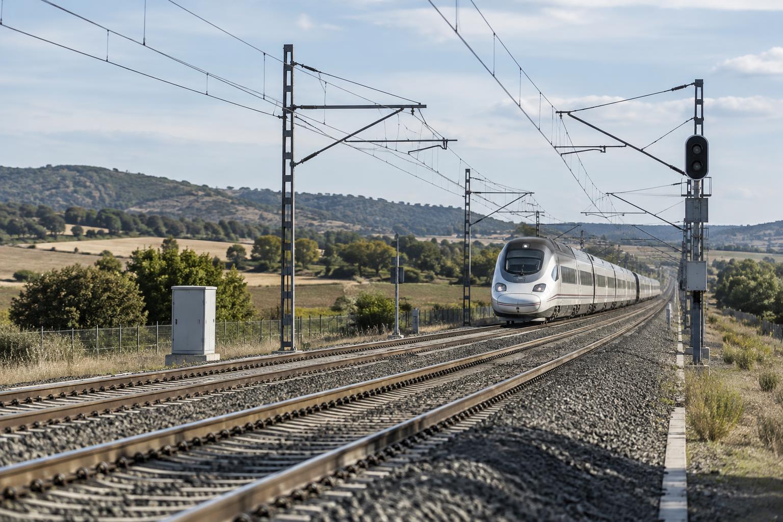 Vista realista de una línea española de alta velocidad en un entorno rural, con vías, catenarias y equipos de señalización junto a los raíles; un tren al fondo, sin personas reconocibles ni indicios de accidente.