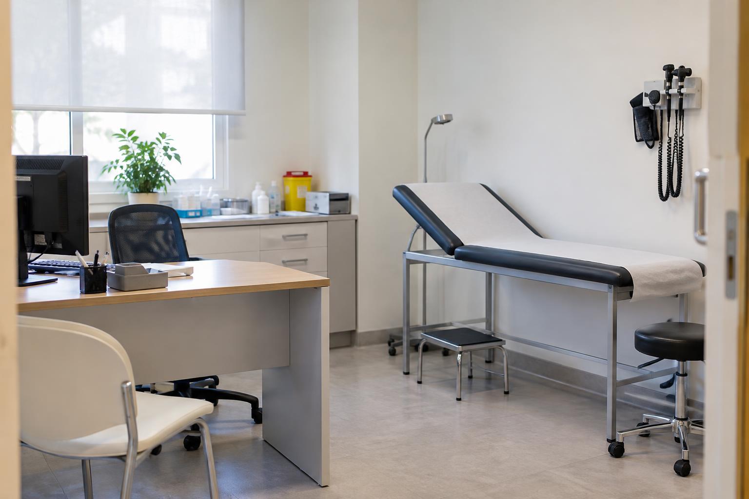Interior sobrio de una consulta médica privada, con camilla de exploración vacía, escritorio y material clínico, sin personas ni documentos identificables.