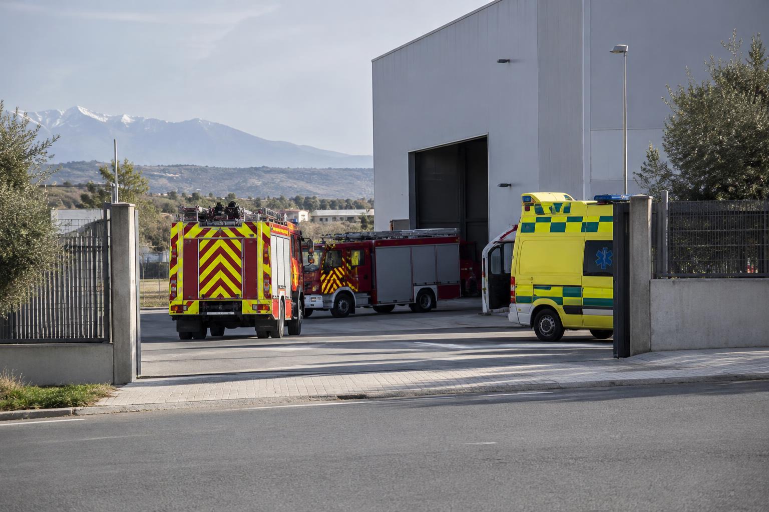 Vista exterior de un recinto industrial en un entorno periurbano de Granada, con vehículos de bomberos y una ambulancia junto al acceso, sin personas reconocibles ni daños visibles.