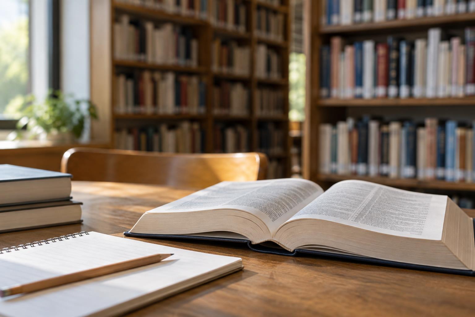 Mesa de lectura en una biblioteca con un diccionario de español abierto, un cuaderno de anotaciones y un lápiz, luz natural lateral y estanterías desenfocadas al fondo, sin personas.