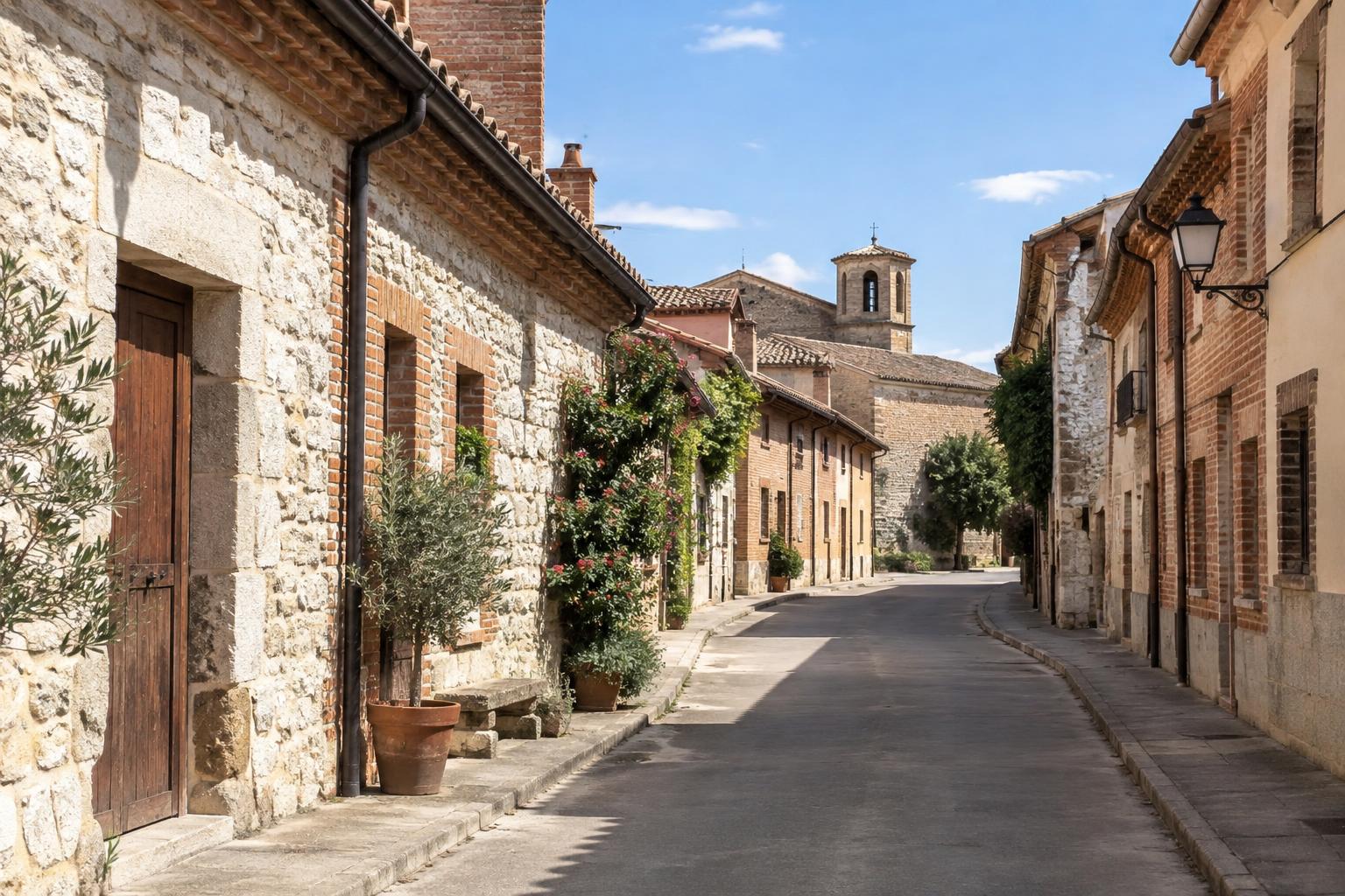 Calle tranquila de un municipio rural vallisoletano, con casas bajas de ladrillo y piedra, a primera hora de la tarde y sin personas reconocibles.