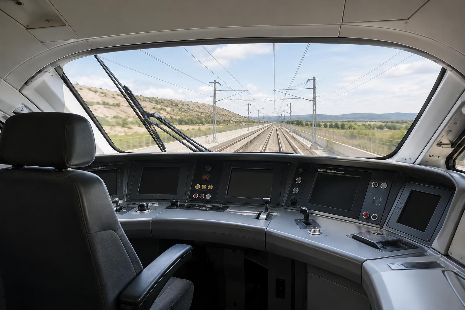 Interior de una cabina de tren de alta velocidad vacía, con pantallas de control y vías visibles a través del parabrisas, luz natural y tratamiento documental sobrio, sin personas reconocibles.