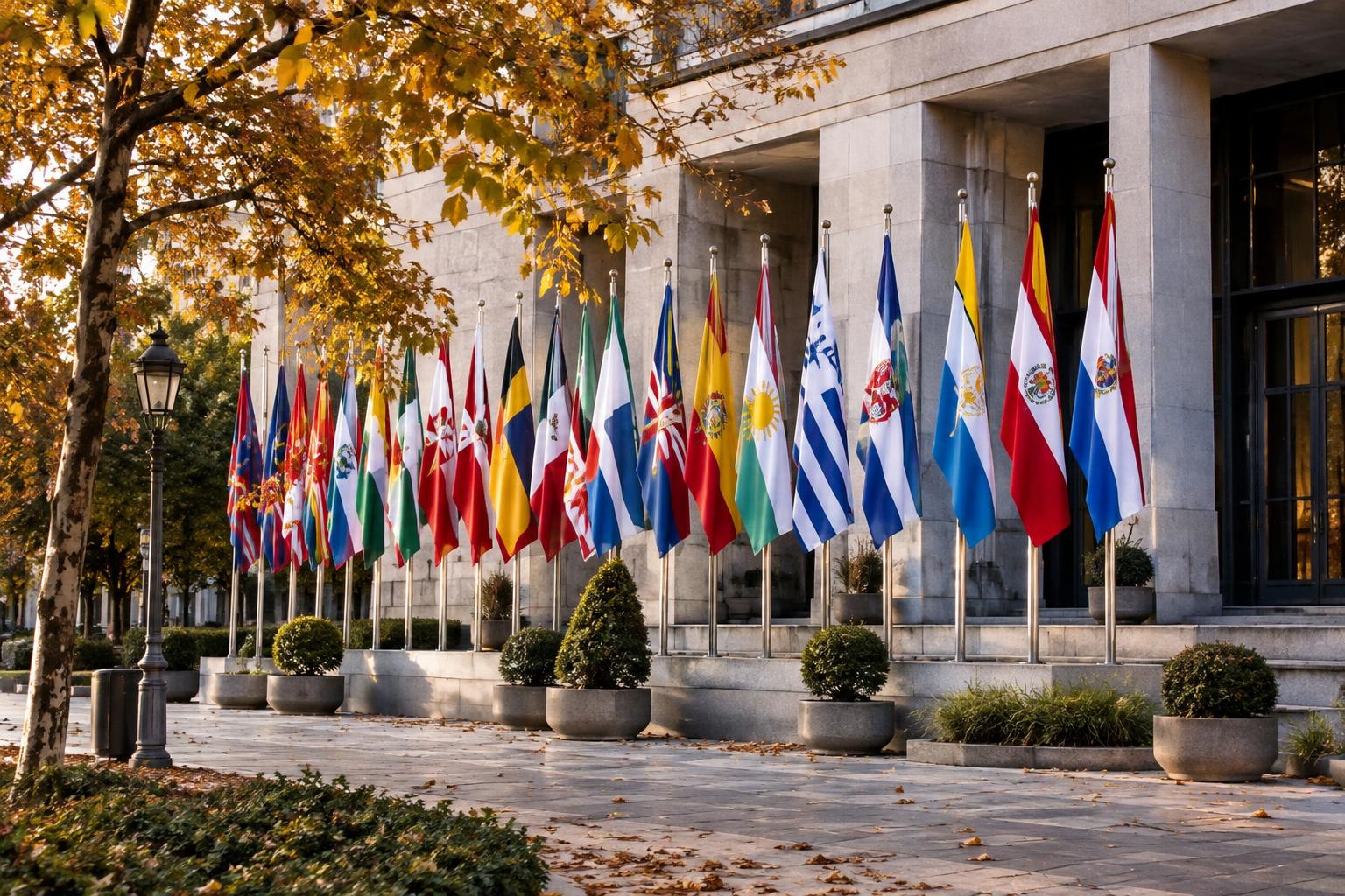 Vista realista de una plaza institucional de Madrid en otoño, con banderas de países iberoamericanos alineadas junto a la entrada de un edificio de conferencias, sin personas reconocibles.