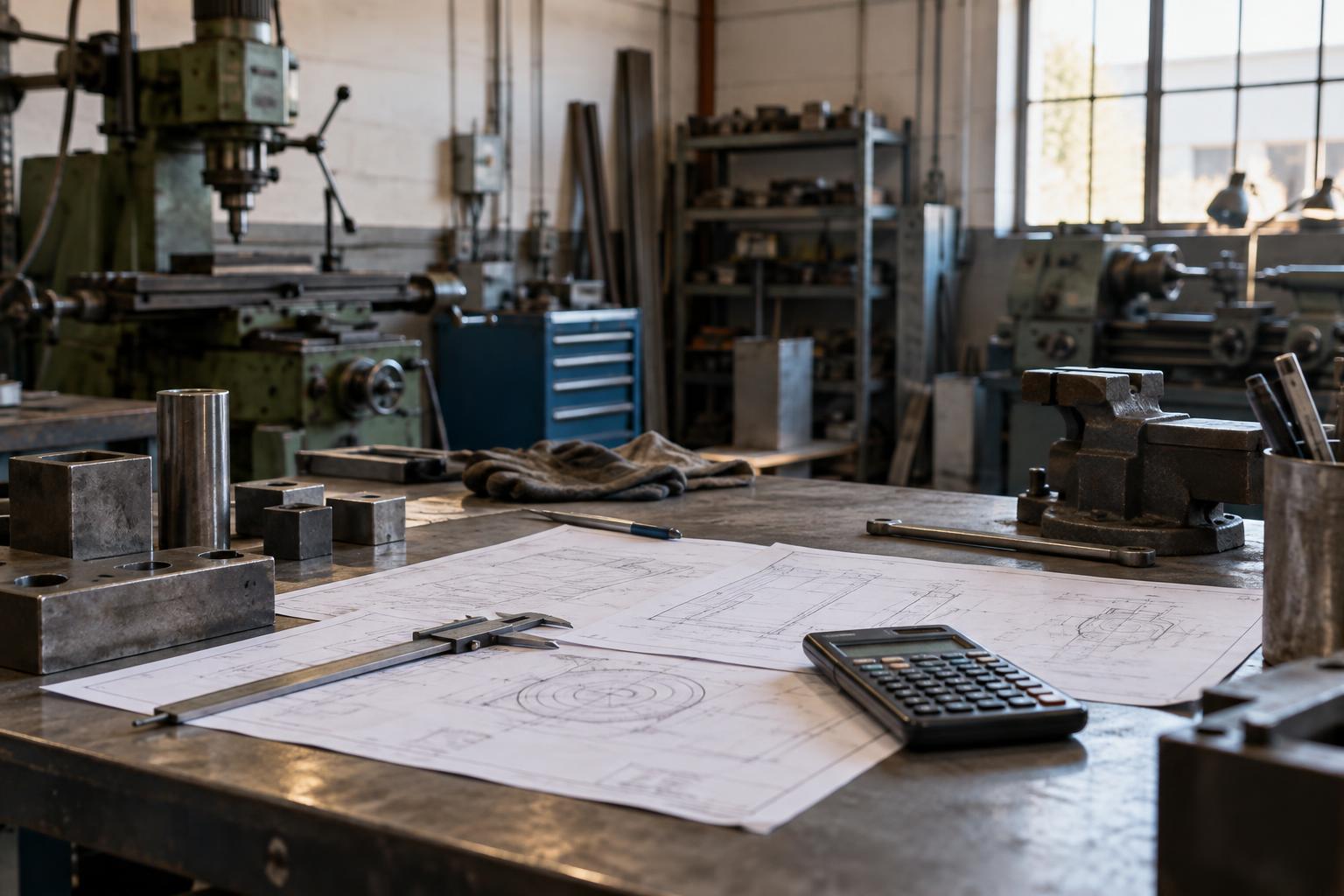 Interior de un pequeño taller industrial español, con maquinaria detenida, planos y una calculadora sobre una mesa de trabajo, luz natural y sin personas reconocibles.