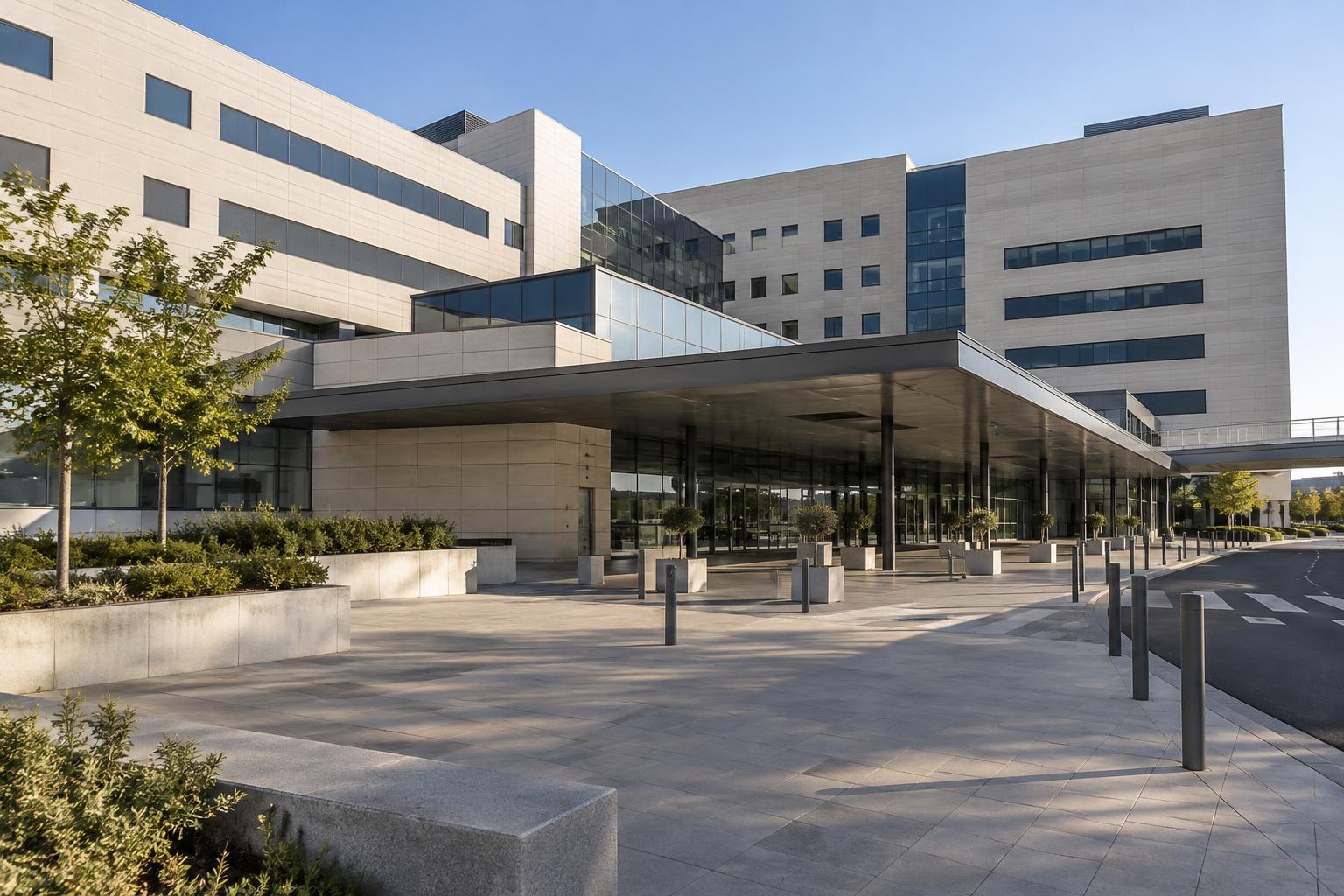 Exterior del Hospital Universitario de Toledo durante el día, con la entrada y la zona peatonal en primer plano, sin personas reconocibles ni elementos gráficos de víctimas.
