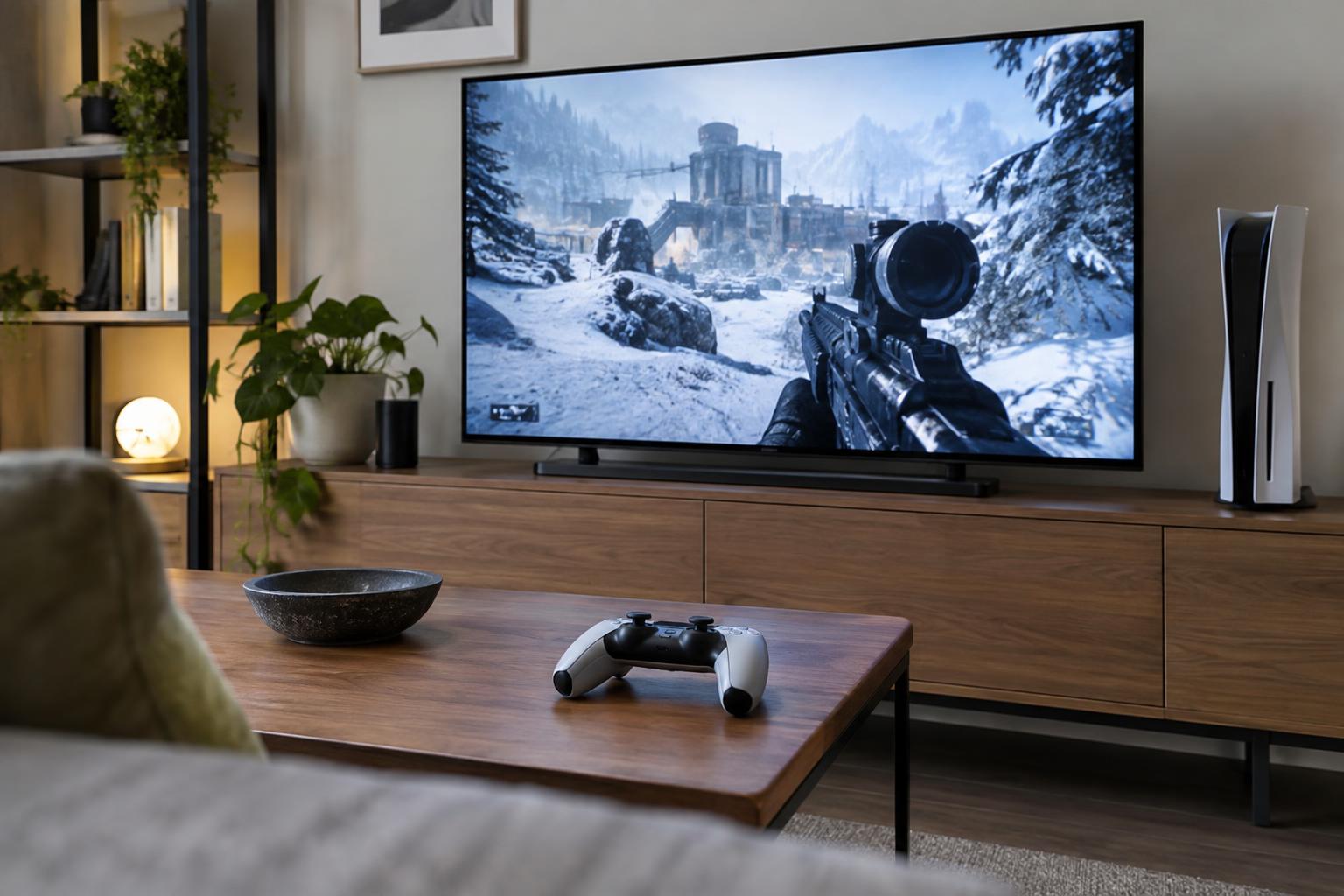Interior de un salón con un televisor que muestra un escenario genérico de videojuego militar nevado, un mando sobre una mesa y una consola junto a la pantalla, sin personas ni logotipos visibles.