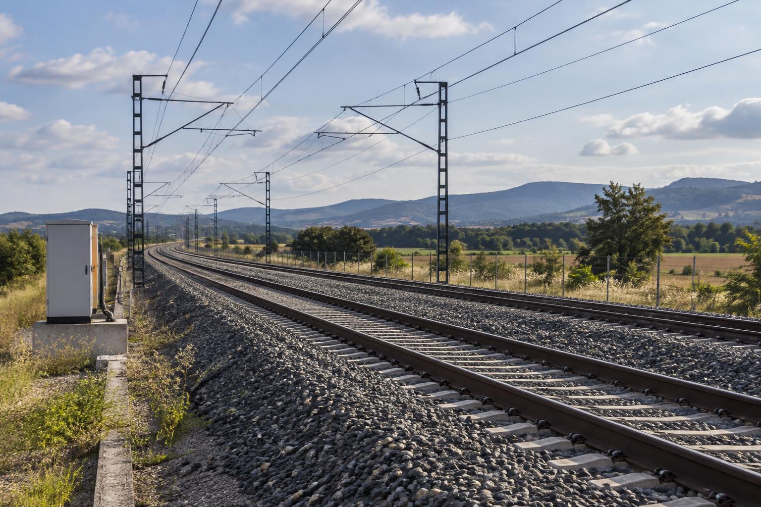 Vista realista de una vía ferroviaria de alta velocidad en una zona rural española, con raíles, traviesas, balasto, catenarias y un armario técnico de señalización junto al trazado, sin trenes accidentados ni personas reconocibles.