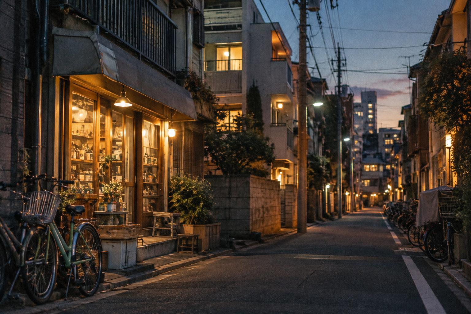 Calle residencial de Tokio al anochecer, con ventanas iluminadas, bicicletas aparcadas y una pequeña tienda abierta; encuadre a pie de calle, sin personas reconocibles y con textura fotográfica de película de 16 milímetros.