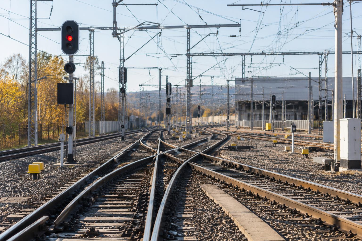 Vista realista de varias vías y desvíos ferroviarios a la salida de una estación española, con catenarias y señales, bajo luz otoñal, sin personas reconocibles ni elementos de un accidente.