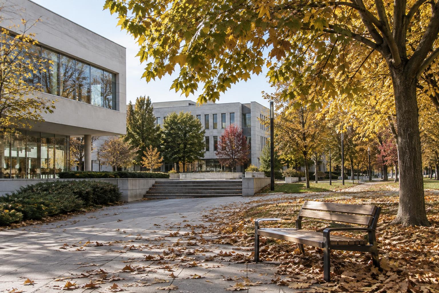 Exterior de un campus universitario en otoño, con edificios docentes, bancos y árboles con hojas caídas, sin personas reconocibles.