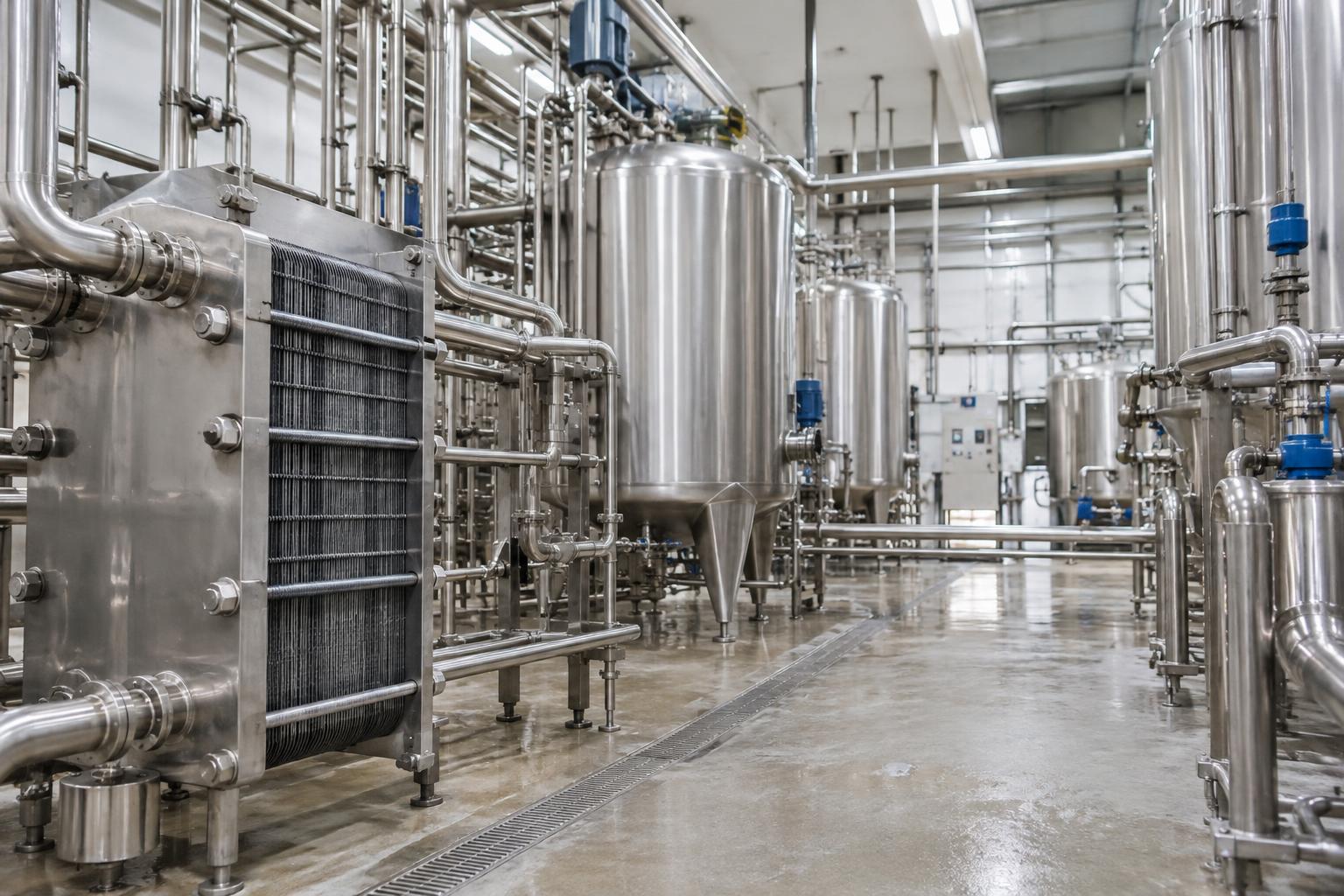 Interior de una planta alimentaria con intercambiadores de calor, depósitos y tuberías de acero inoxidable, iluminación industrial y sin marcas comerciales ni personas reconocibles.