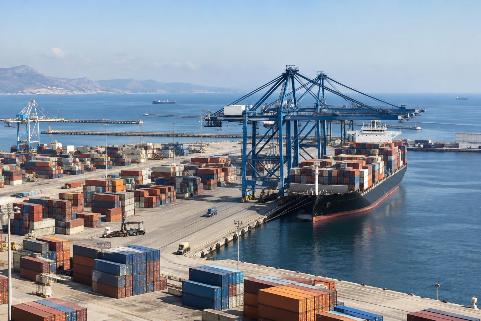 Vista panorámica ilustrativa de un gran puerto comercial en la costa mediterránea del norte de África, con grúas de contenedores, muelles, un buque mercante y explanadas logísticas, sin personas reconocibles.