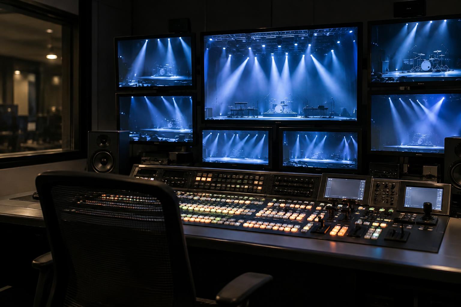 Sala de control de realización televisiva vacía, con una mesa de mezclas de vídeo y varios monitores que muestran un escenario musical iluminado sin personas, en un ambiente sobrio y realista.