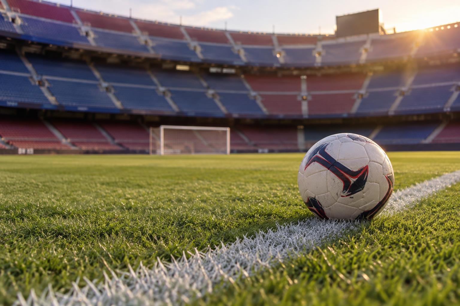 Vista a ras de césped de un estadio de fútbol con gradas azulgranas, una portería al fondo y un balón junto a la línea lateral, bajo luz de tarde y sin personas reconocibles.