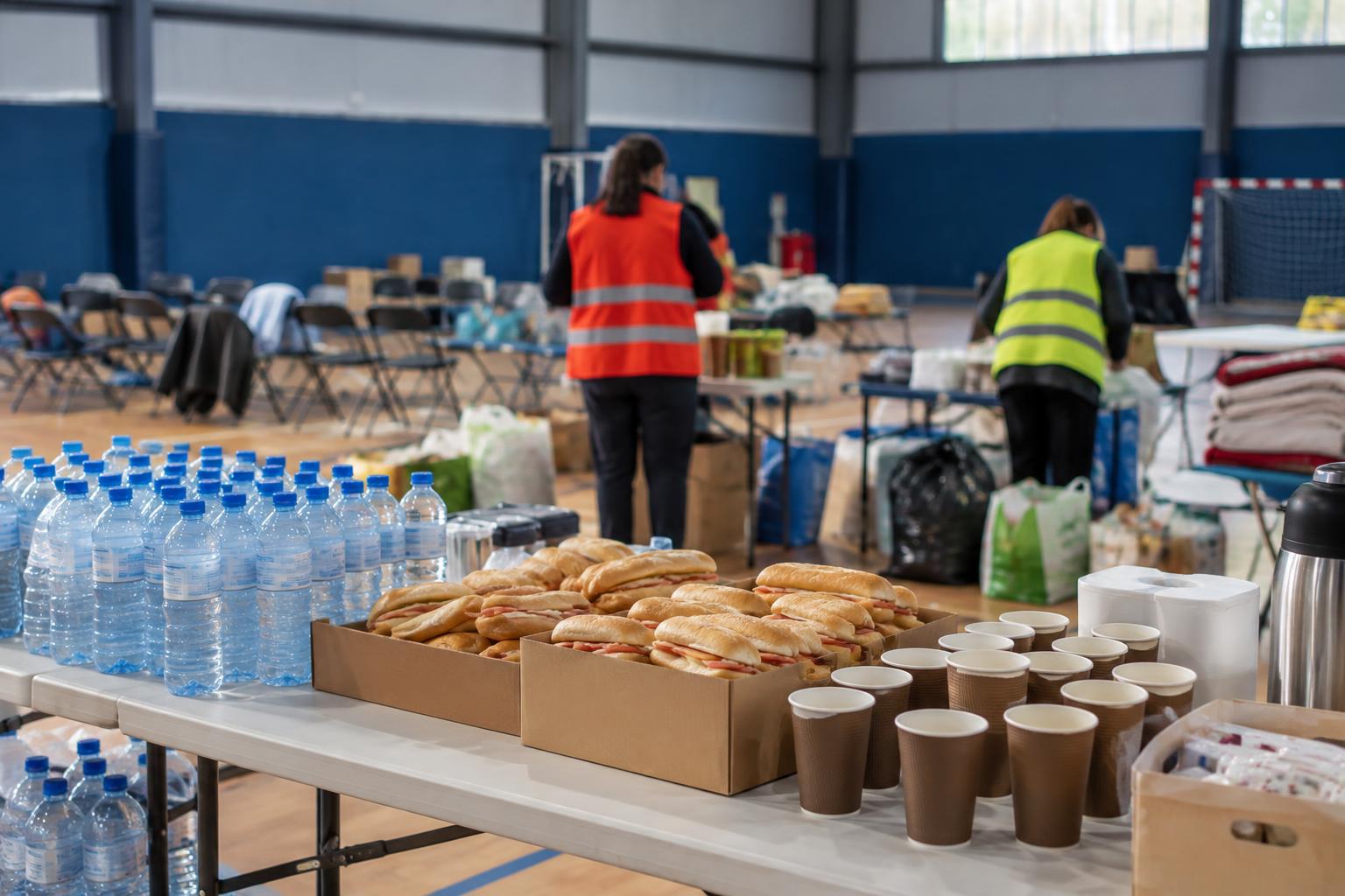 Interior de un pabellón deportivo municipal habilitado para asistencia, con mesas de agua embotellada, bocadillos y vasos de café, sillas dispuestas junto a bolsas de suministros y voluntarios de espaldas, sin personas reconocibles.