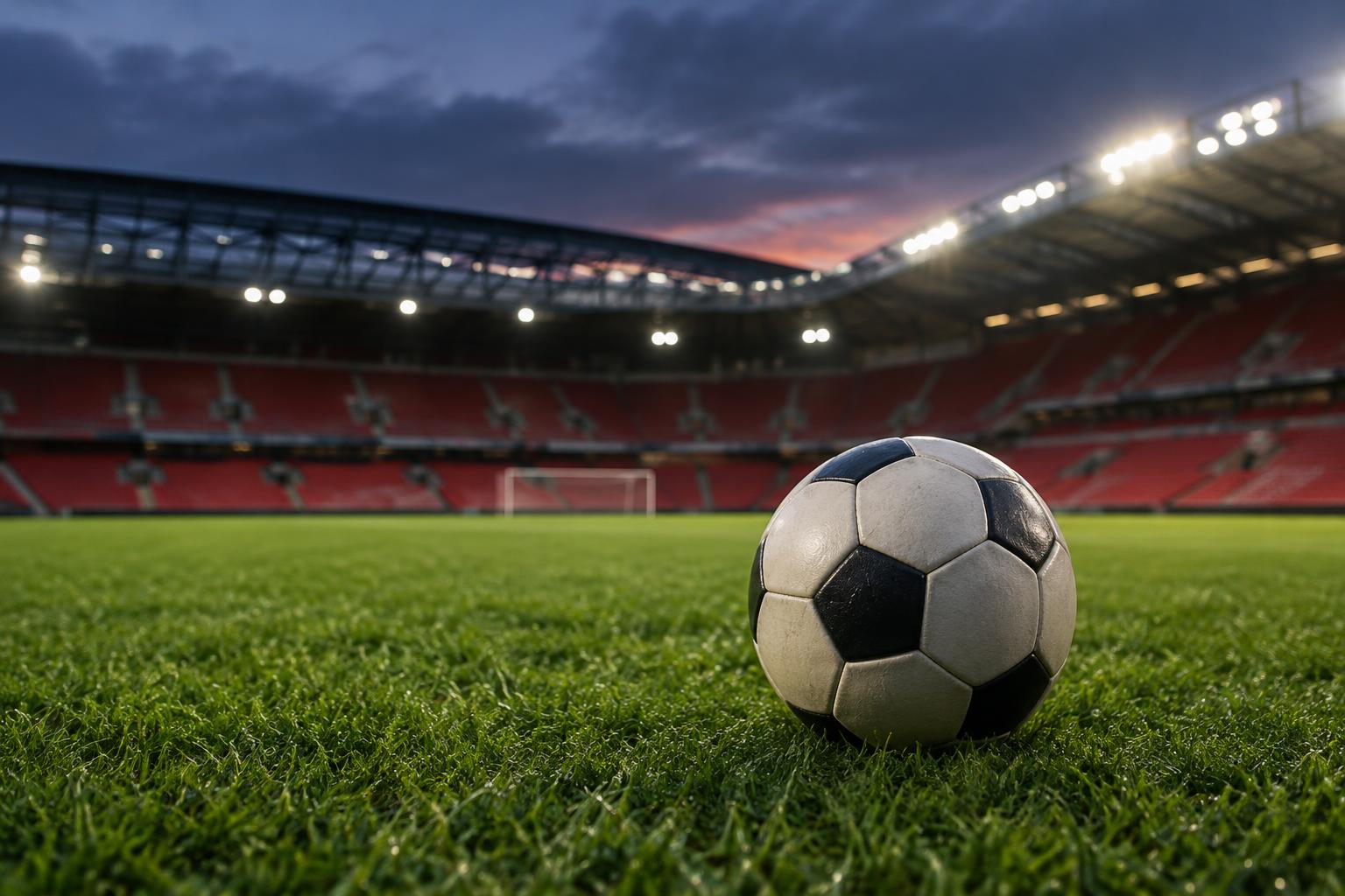 Primer plano de un balón de fútbol sobre el césped de un estadio inglés vacío, con gradas rojas desenfocadas y luz de los focos al anochecer, sin personas ni trofeos.
