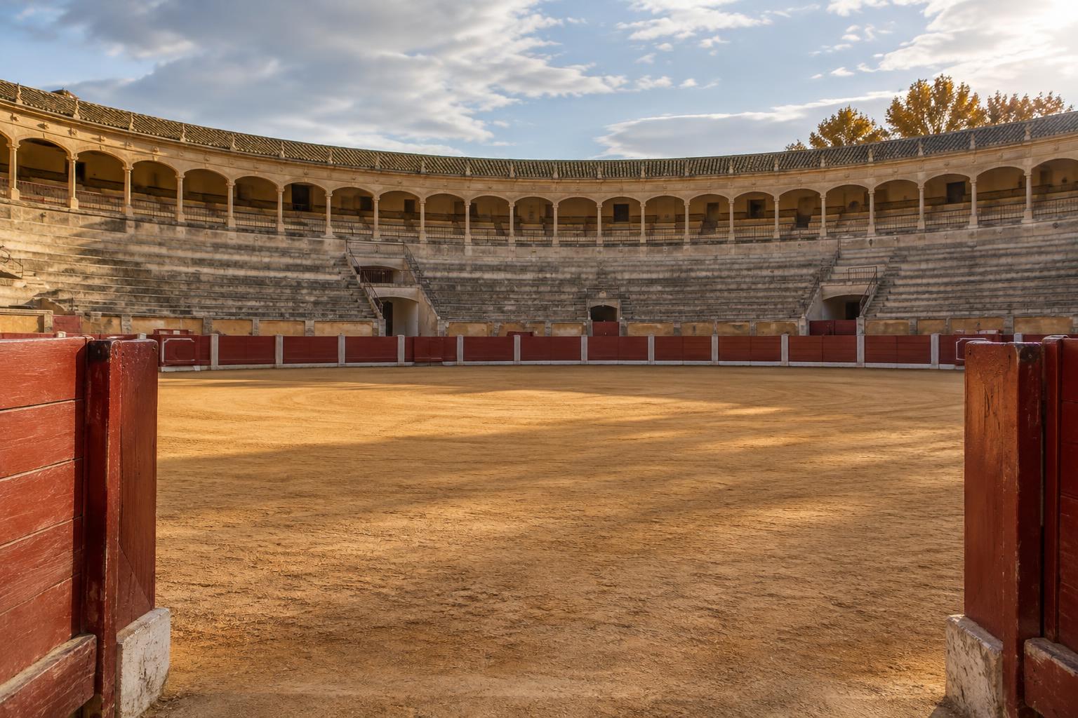 Vista realista del interior vacío de una plaza de toros castellana, con el ruedo de arena, la barrera roja y los tendidos de piedra bajo una luz otoñal, sin personas ni carteles legibles.