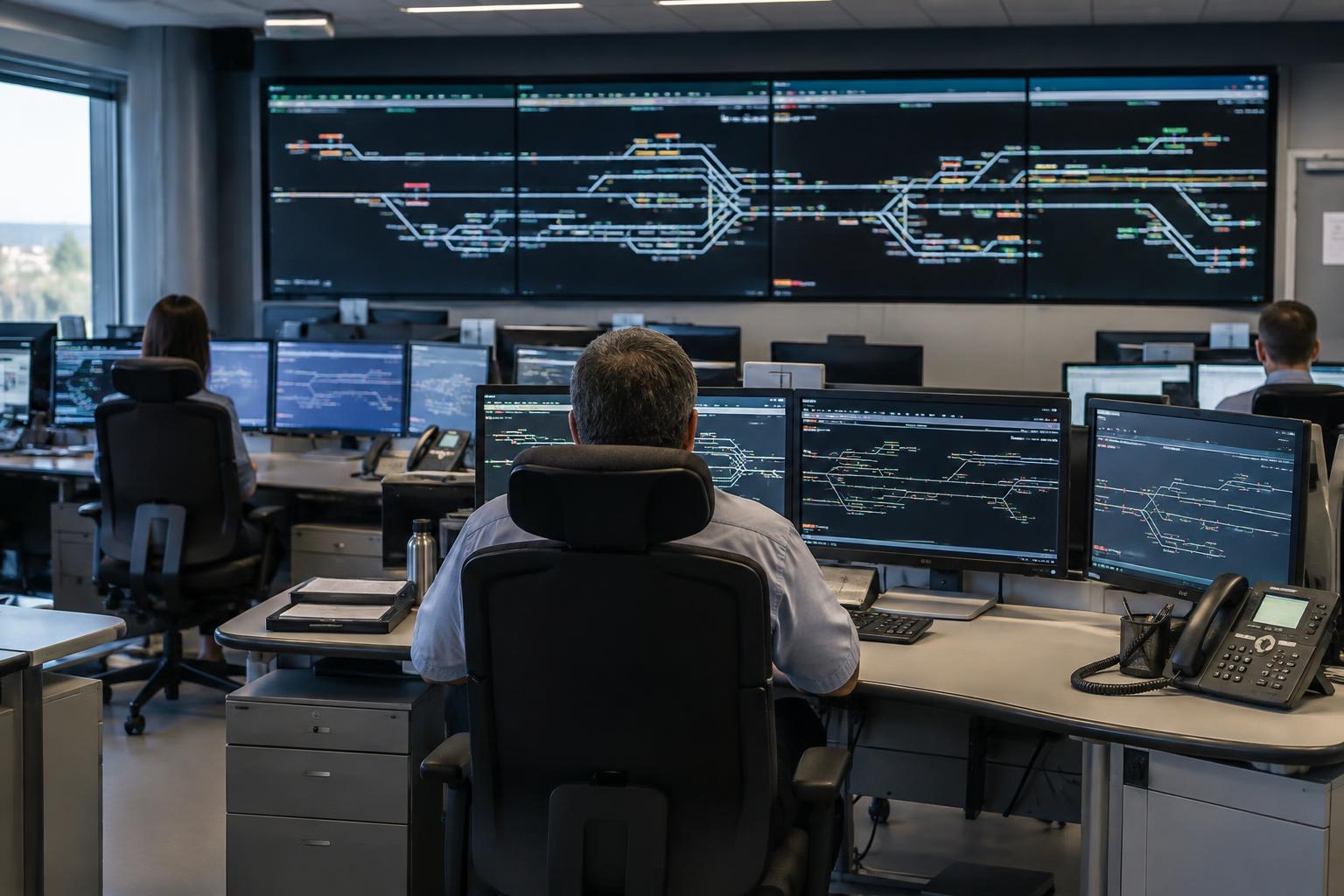 Interior realista de una sala de control ferroviario, con varias mesas, teléfonos y pantallas que muestran esquemas de vías y circulación de trenes; operadores vistos de espaldas, sin personas reconocibles.