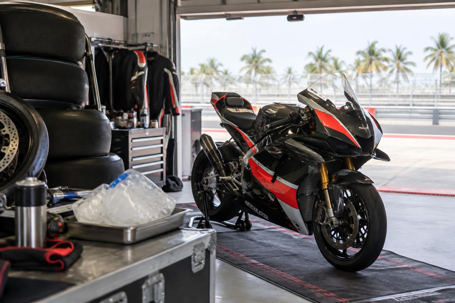 Interior de un box de motociclismo en un circuito tropical, con una moto de competición junto a un caballete, neumáticos y una bolsa de hielo sobre una mesa de trabajo, sin personas reconocibles.
