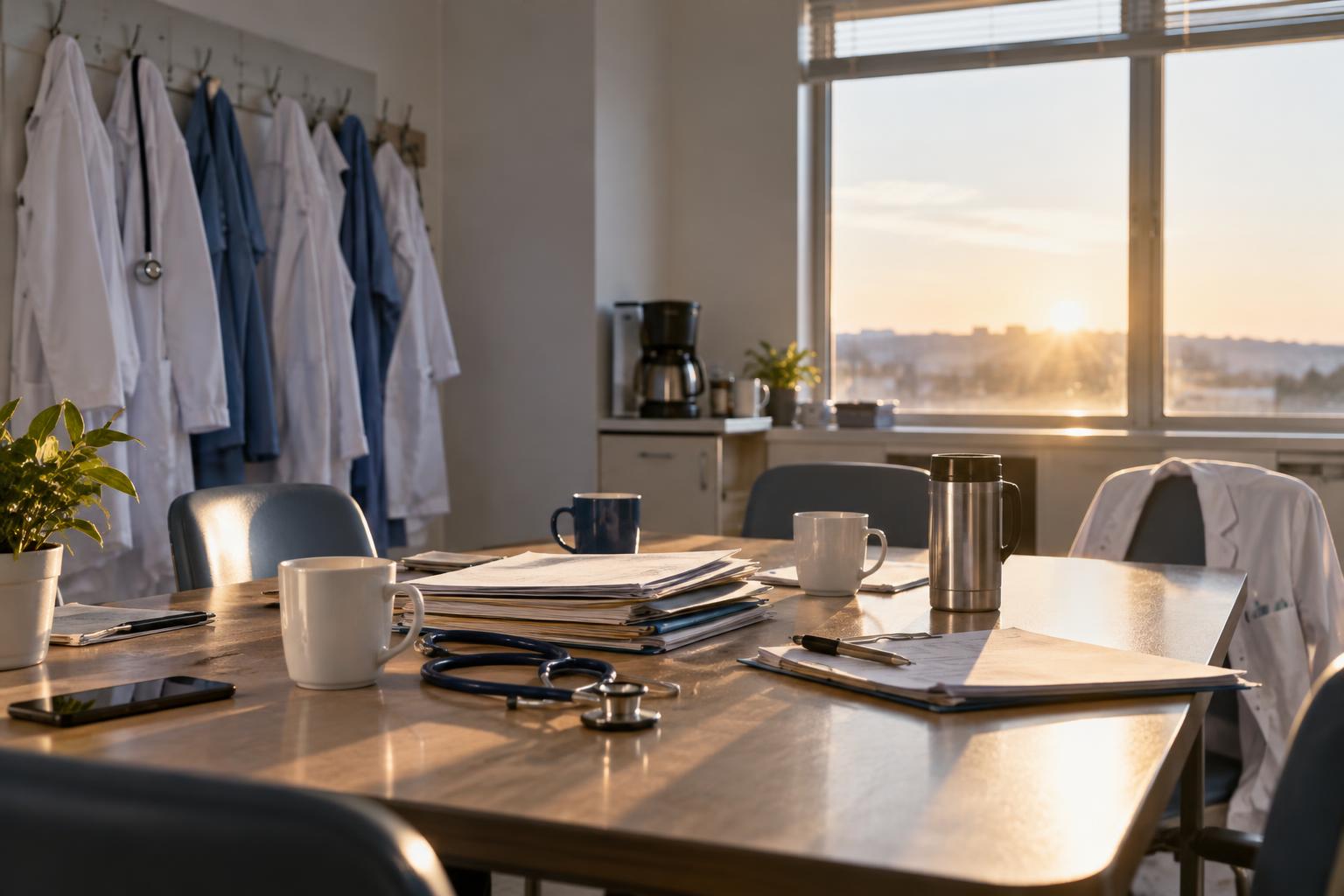 Sala de descanso de un hospital al final de una guardia, con batas colgadas, tazas de café, una mesa con carpetas de papel y luz de amanecer entrando por una ventana, sin personas.