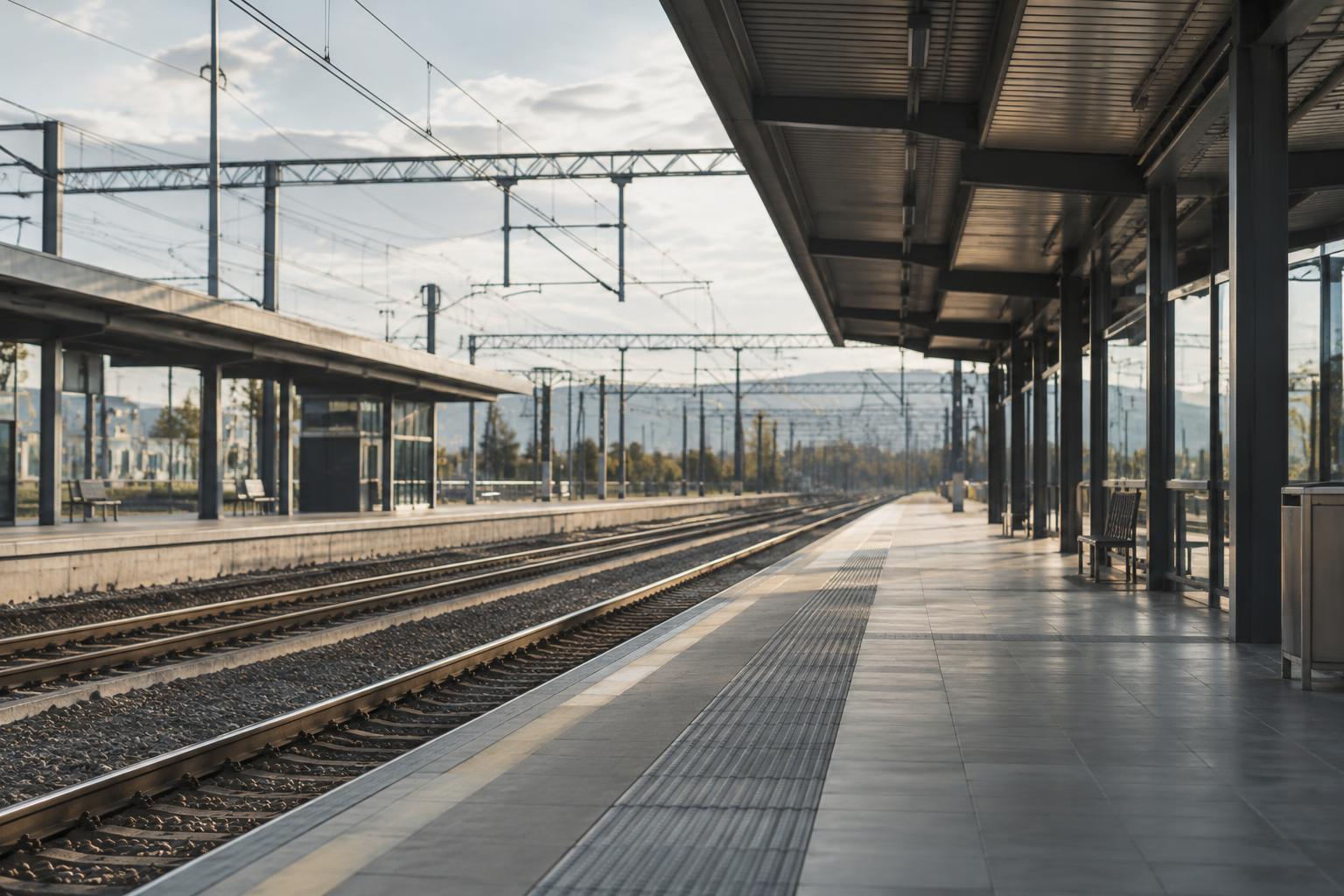 Andén ferroviario vacío en una estación española, con vías que se alejan y un panel informativo al fondo, luz natural y ambiente sobrio, sin personas reconocibles ni signos de accidente.