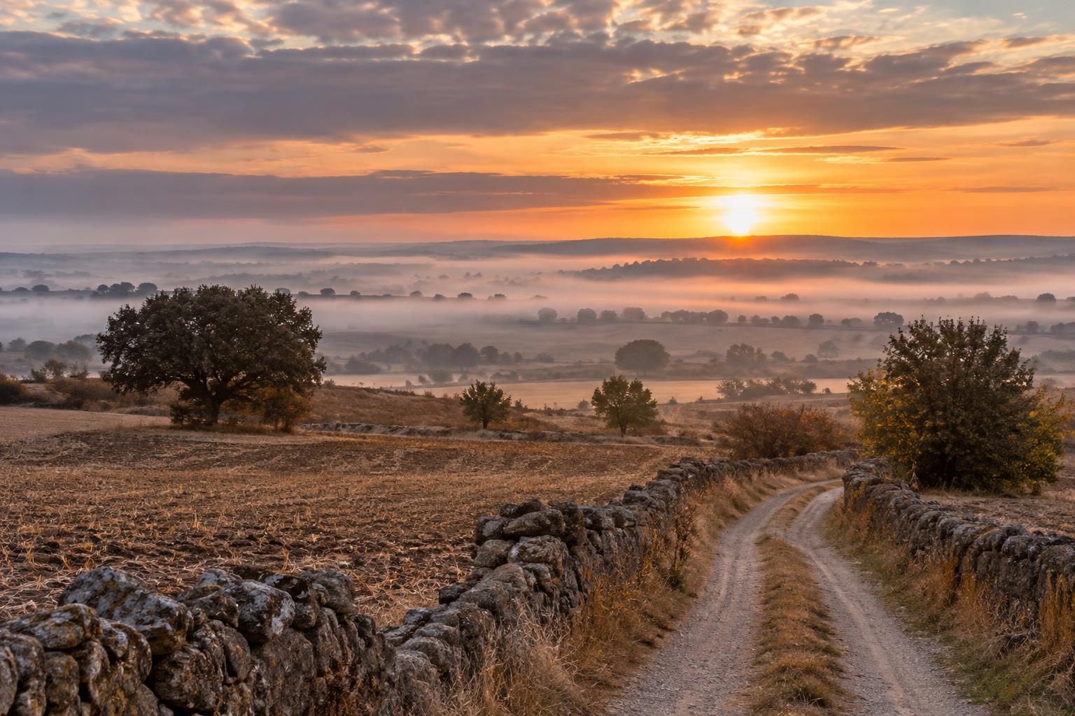 Paisaje de la meseta salmantina al amanecer, con campos otoñales, un camino rural y bancos de niebla bajos bajo un cielo parcialmente cubierto, sin personas ni elementos gráficos.