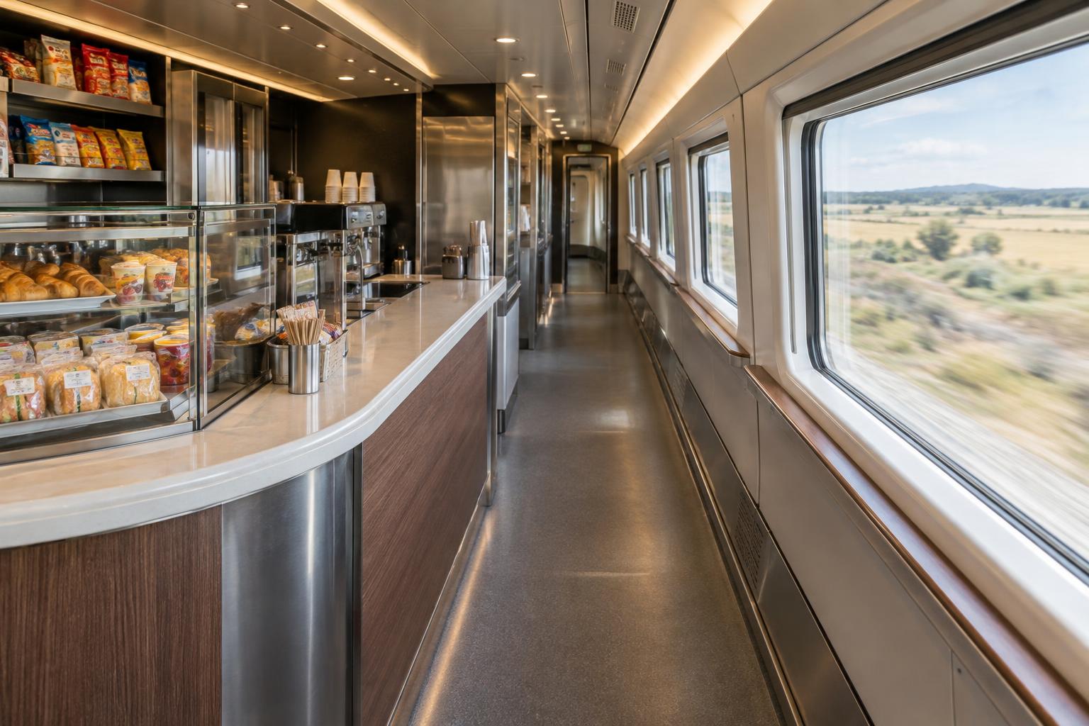 Interior realista de un vagón cafetería de un tren de alta velocidad, con barra, estantes de aperitivos y un pasillo vacío, luz diurna entrando por las ventanillas, sin personas reconocibles.