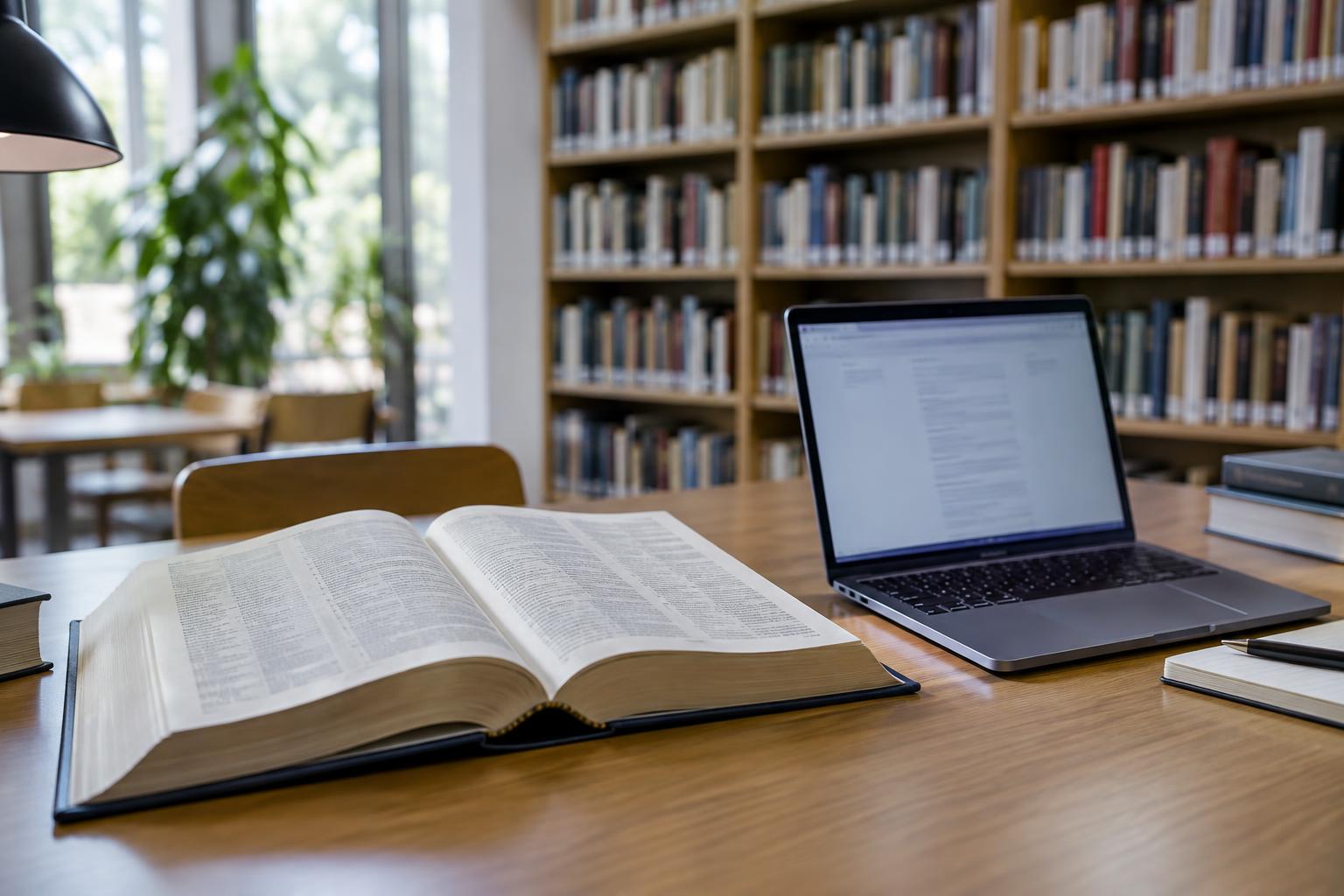 Mesa de estudio en una biblioteca luminosa, con un diccionario voluminoso abierto junto a un ordenador portátil que muestra una página de consulta léxica, estanterías de libros al fondo y sin personas.