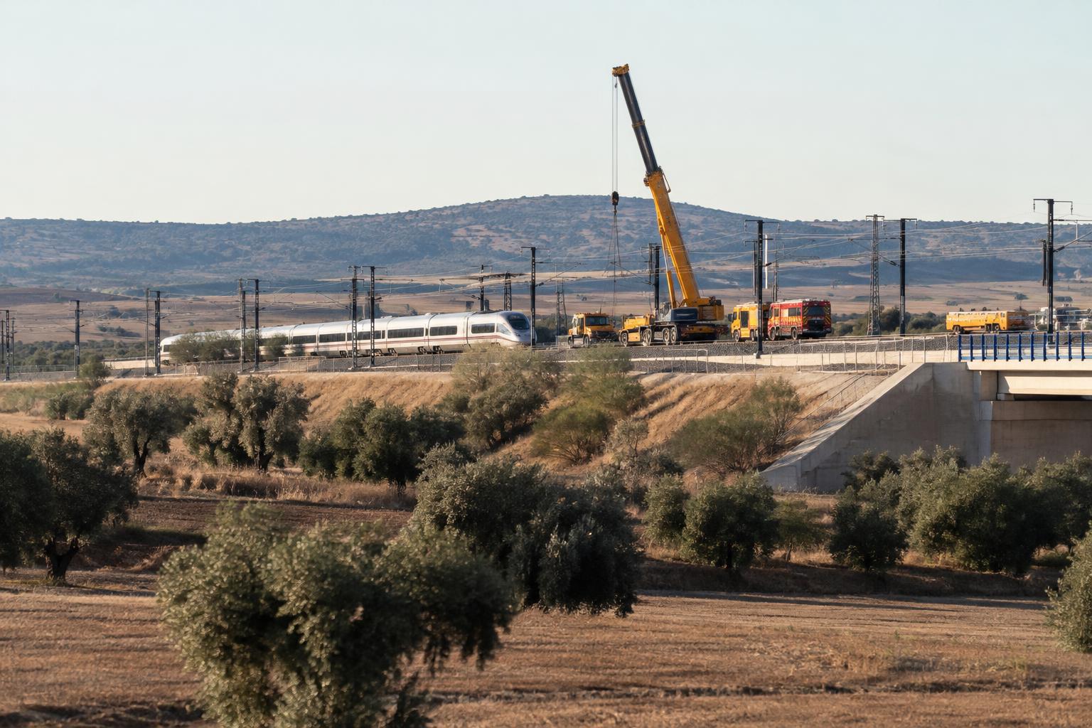 Plano general de una línea ferroviaria de alta velocidad en un entorno rural toledano, con vehículos de emergencia y una grúa de gran tonelaje junto a las vías, sin víctimas visibles ni personas reconocibles.