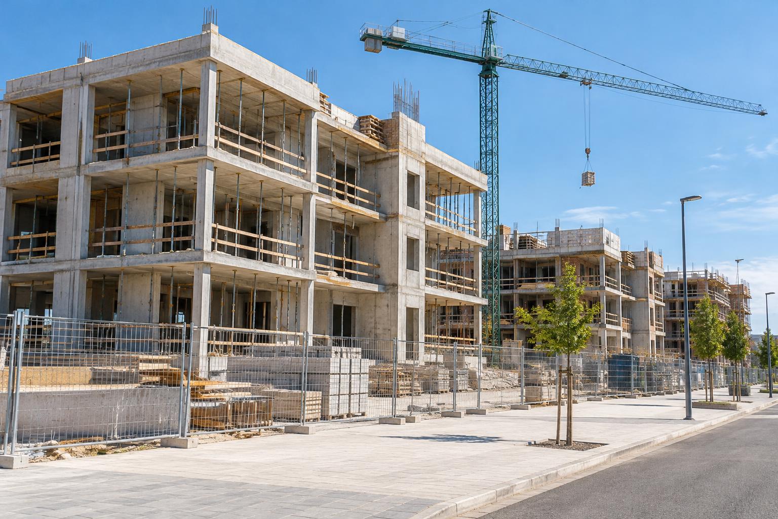 Obras de un conjunto de viviendas en una parcela urbanizada española, con estructuras de hormigón, una grúa y aceras terminadas en primer plano, luz diurna y sin personas reconocibles.