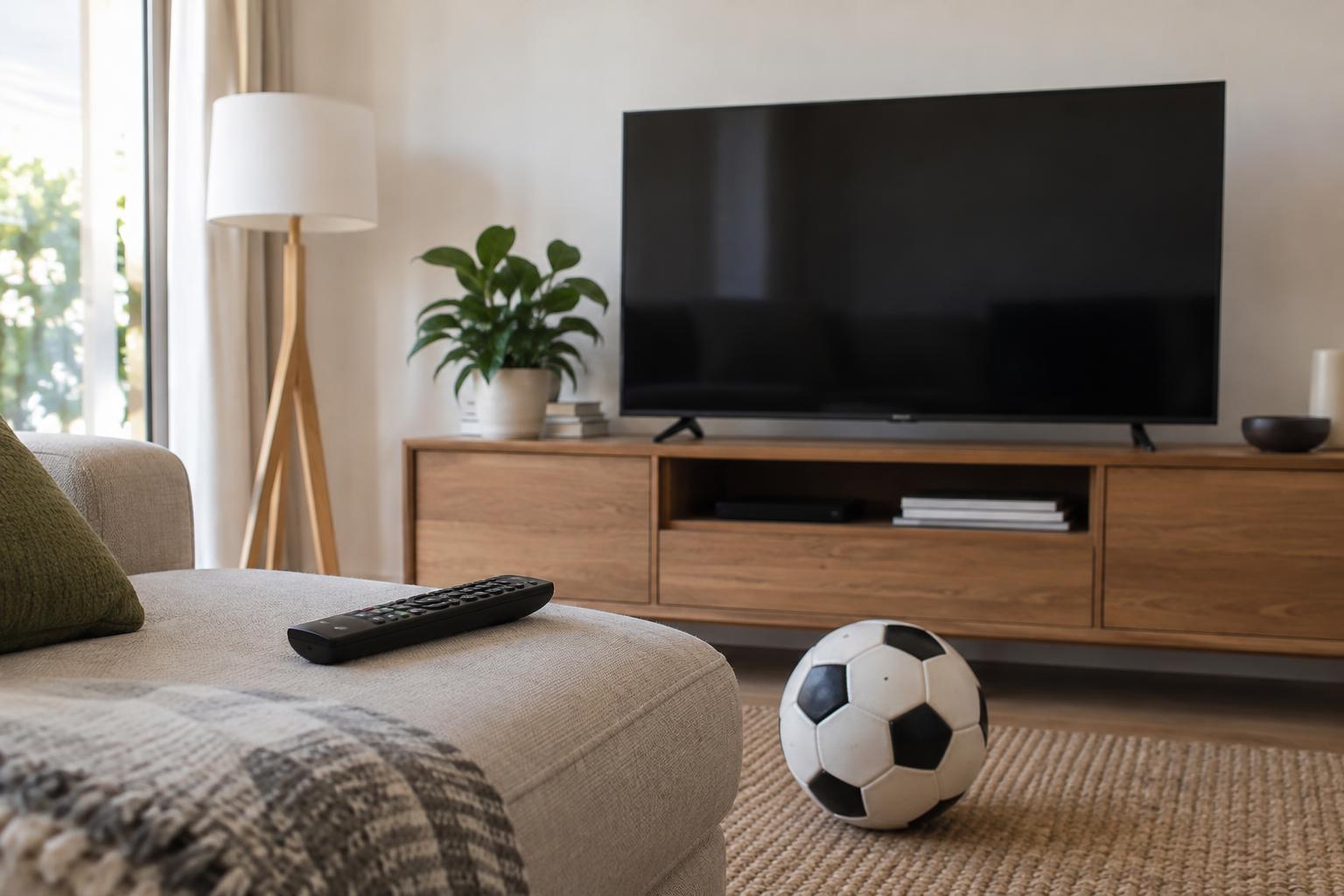 Salón doméstico con un televisor apagado, un mando a distancia y un balón de fútbol junto al sofá, luz natural y estilo fotográfico documental, sin personas ni logotipos.
