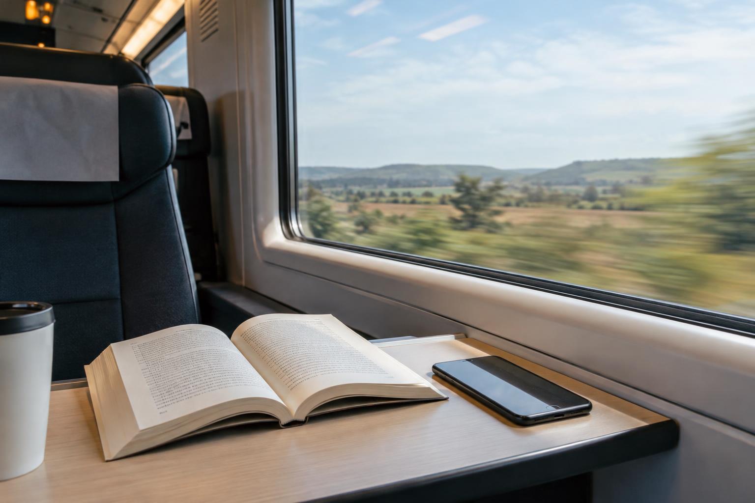 Interior realista de un tren de alta velocidad, con un libro abierto y un teléfono móvil sobre la mesa junto a la ventanilla; paisaje desenfocado al exterior, sin personas reconocibles.