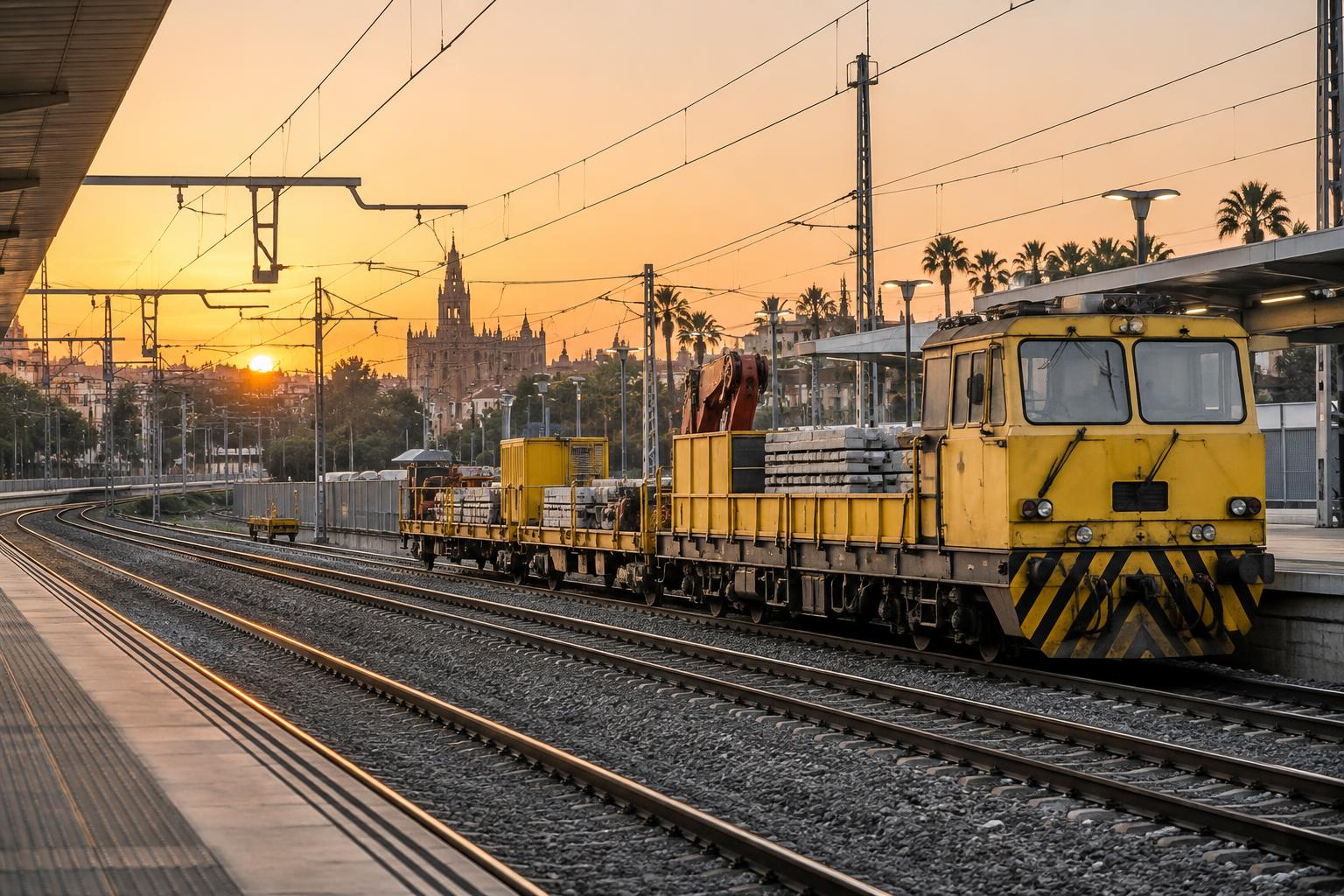 Vías de Cercanías en un entorno ferroviario urbano de Sevilla al amanecer, con un convoy de mantenimiento y vagones de material junto a una estación, sin personas reconocibles.