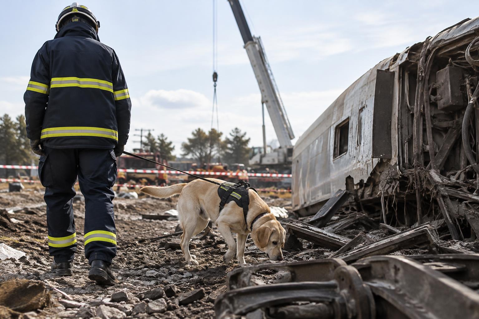 Una perra labradora con arnés de trabajo rastrea junto a restos de un vagón ferroviario en una zona acordonada, con una grúa al fondo y su guía de espaldas, sin rostros reconocibles ni restos humanos visibles.