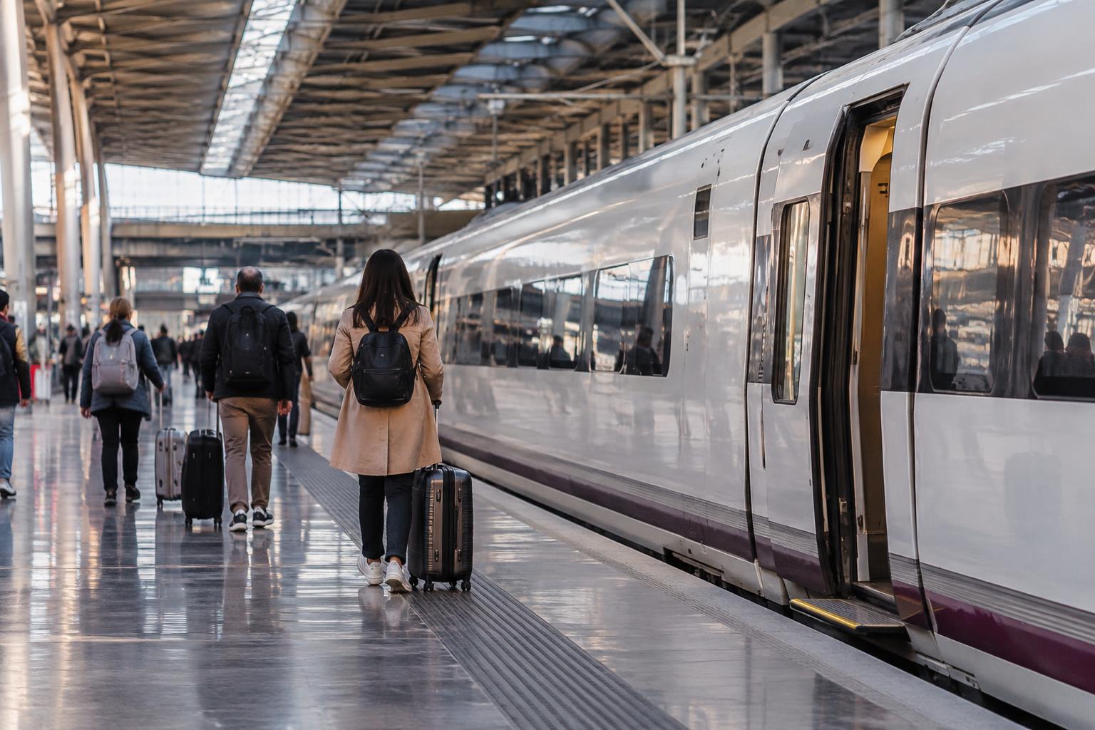 Andén de la estación de Madrid Puerta de Atocha con un tren de alta velocidad detenido y algunas maletas junto a viajeros de espaldas, sin personas reconocibles, en una mañana de otoño.