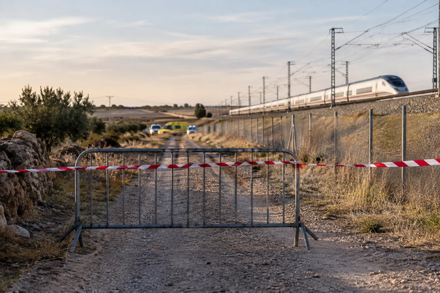Camino rural junto a una línea ferroviaria de alta velocidad en un paisaje manchego, con una valla provisional y cinta de seguridad cortando el acceso; vehículos de emergencia desenfocados al fondo, sin personas reconocibles ni víctimas visibles.