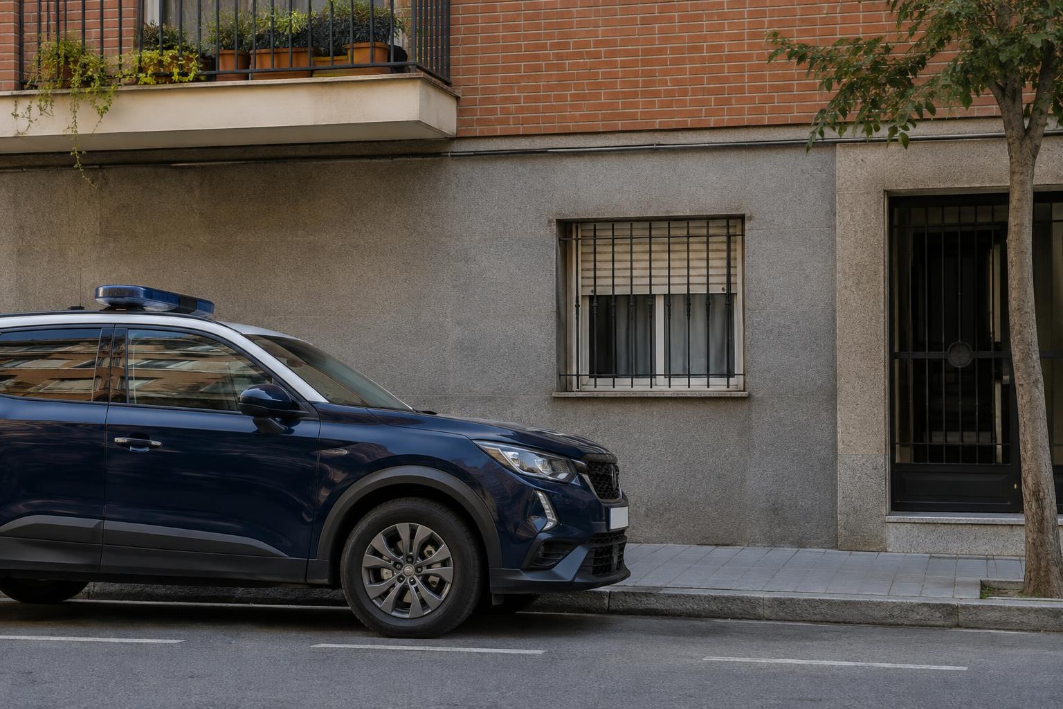 Fachada de un bloque residencial madrileño a pie de calle, con una pequeña ventana en la planta baja y un vehículo policial estacionado, luz diurna y sin personas reconocibles.