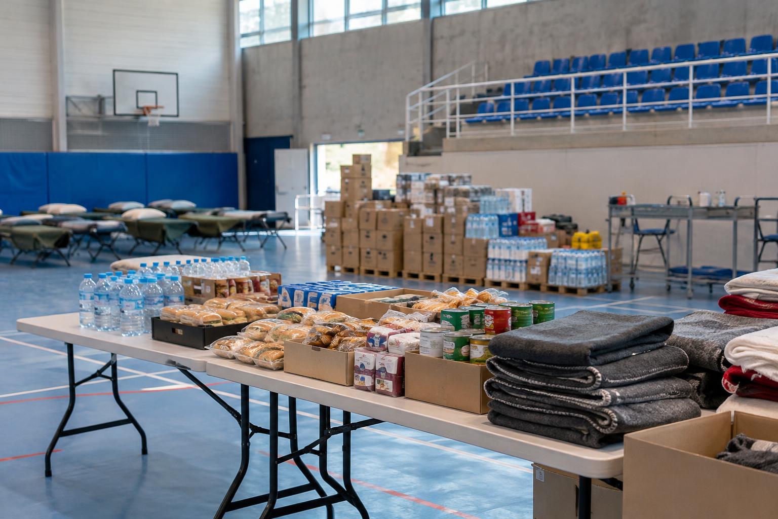 Interior de un pabellón deportivo municipal habilitado para asistencia, con mesas de bocadillos, botellas de agua, cajas de alimentos y mantas ordenadas, sin personas reconocibles.