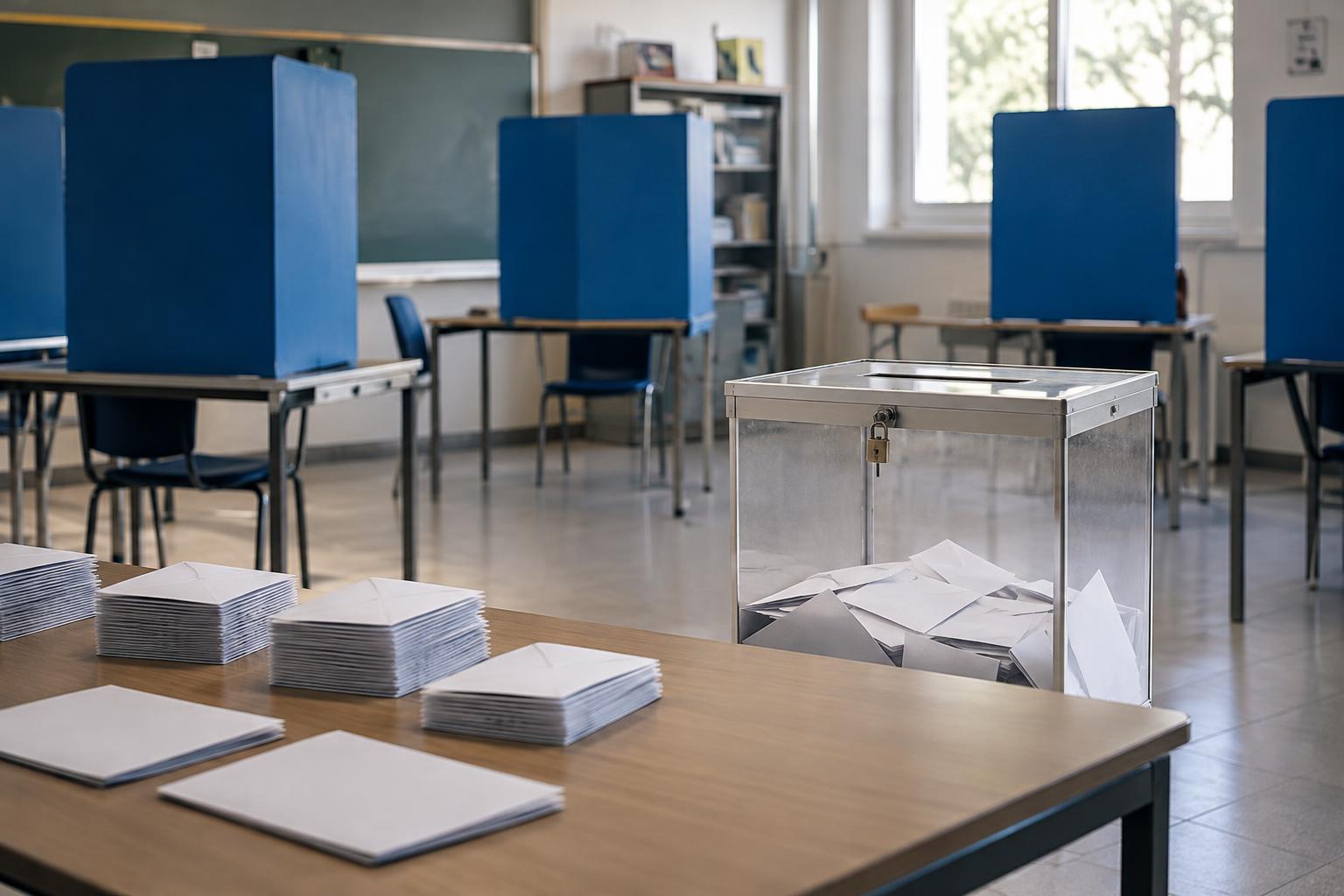 Interior de un colegio electoral israelí instalado en un aula, con cabinas de votación, una urna cerrada y sobres ordenados sobre una mesa, sin personas reconocibles.