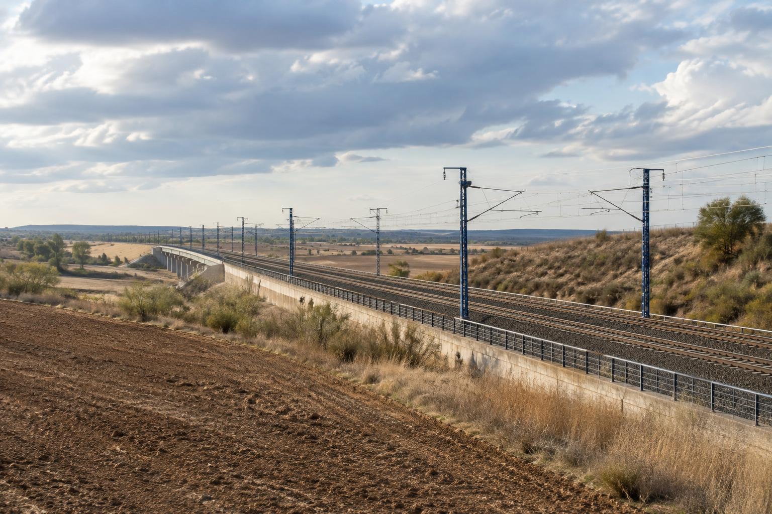 Vista exterior de una línea ferroviaria de alta velocidad en un paisaje rural de la provincia de Toledo, con vías y catenarias bajo un cielo otoñal, sin personas ni víctimas visibles.
