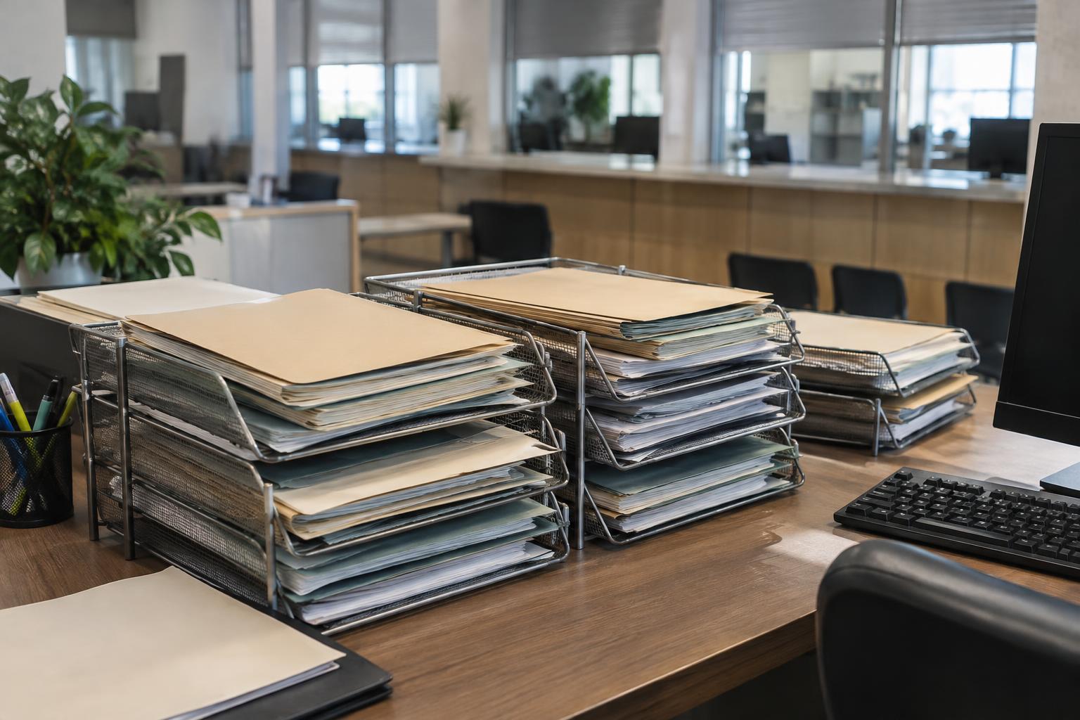 Fotografía editorial realista de una mesa de trabajo en una oficina administrativa consular vacía. Varias bandejas metálicas rebosantes de carpetas lisas y cerradas ocupan el centro del encuadre, vistas desde un ángulo cenital oblicuo; un teclado y la esquina de un monitor apagado quedan parcialmente fuera de campo. Al fondo, ventanillas de atención desenfocadas y persianas a medio bajar. Luz blanca de oficina mezclada con luz natural de última hora, ambiente sobrio. Sin personas, texto, números, emblemas ni logotipos.